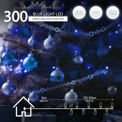 Indoor/Outdoor 8 Function LED Waterproof Fairy Lights with Green Cable (300) - Blue-8800225808229-Bargainia.com