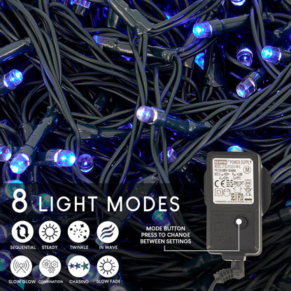 Indoor/Outdoor 8 Function LED Waterproof Fairy Lights with Green Cable (300) - Blue-8800225808229-Bargainia.com