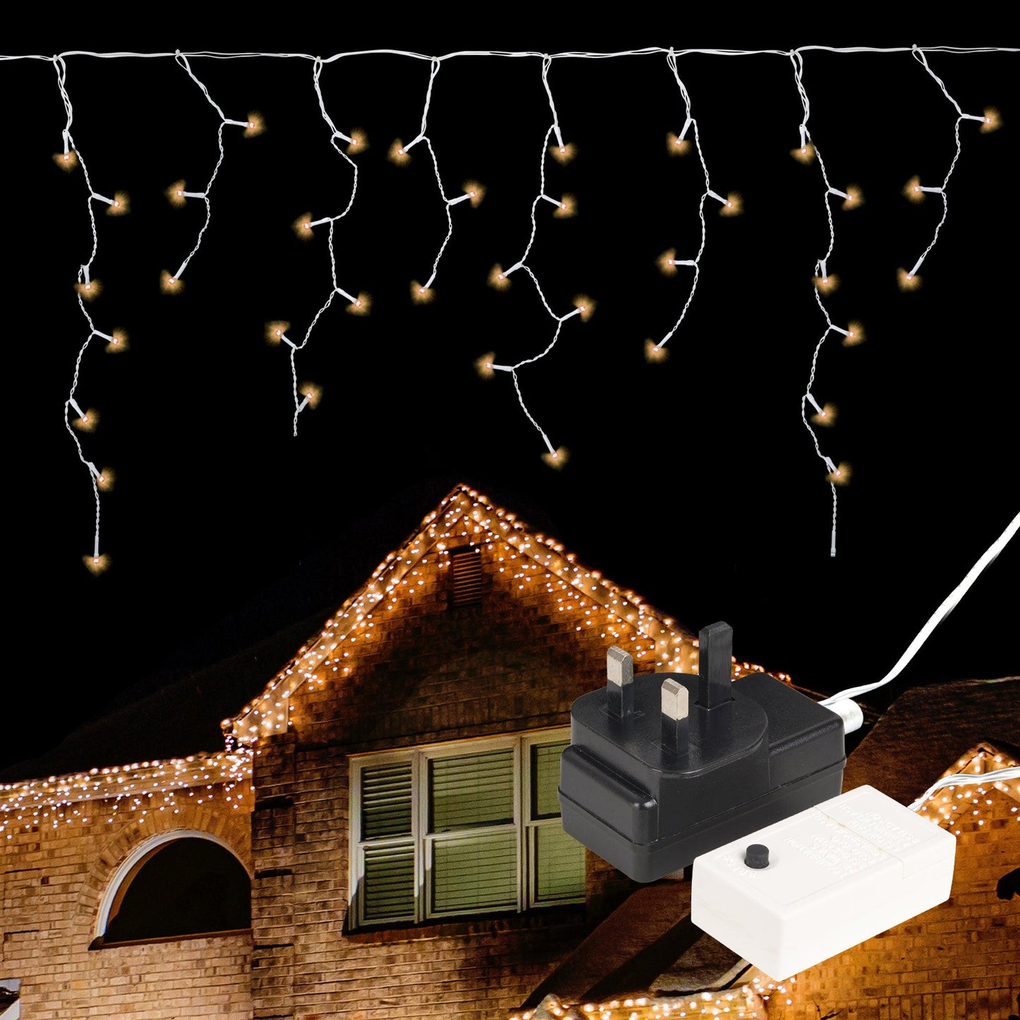 LED Indoor & Outdoor Snowing Icicle Chaser Lights with White Cable (960) - Warm White-8800225838189-Bargainia.com