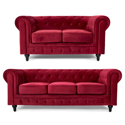 Velvet Chesterfield Sofa Suite - Wine Red-Bargainia.com