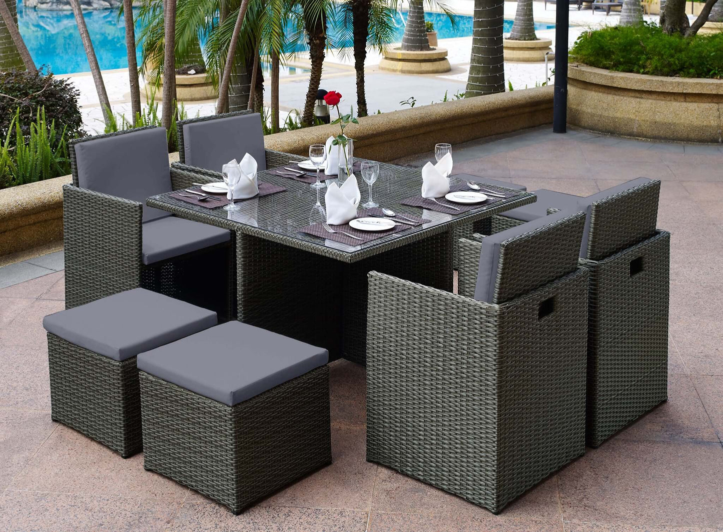 Duomo Rattan Cube Garden Furniture 8 Seater Table & Chairs Set With Rain Cover