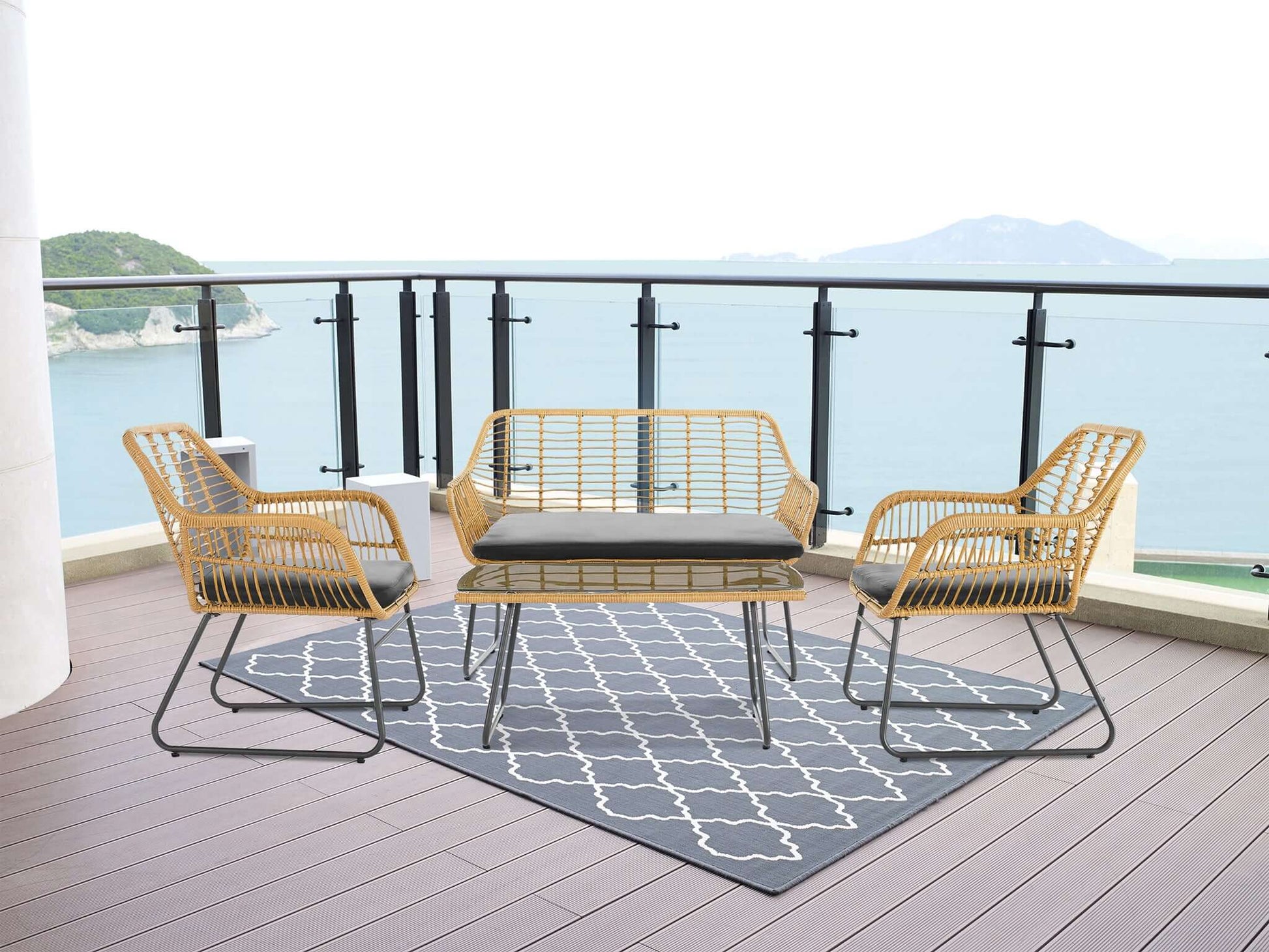 4 Piece Wicker Rattan Garden Sofa, Table & Chairs Set-Bargainia.com