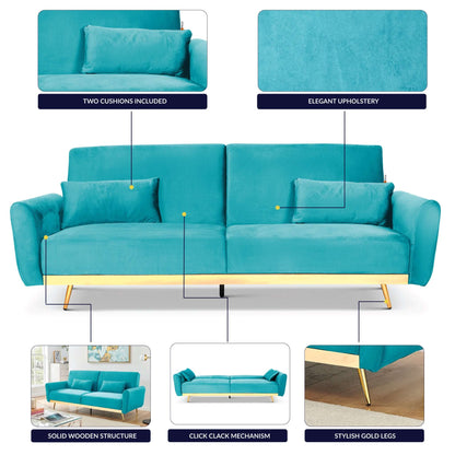 Libbie 3 Seater Blue Velvet Sofa Bed with Gold Detail