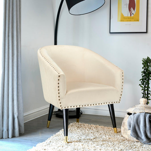 Revo Velvet Nailhead Trim Tub Armchair - Cream-Bargainia.com