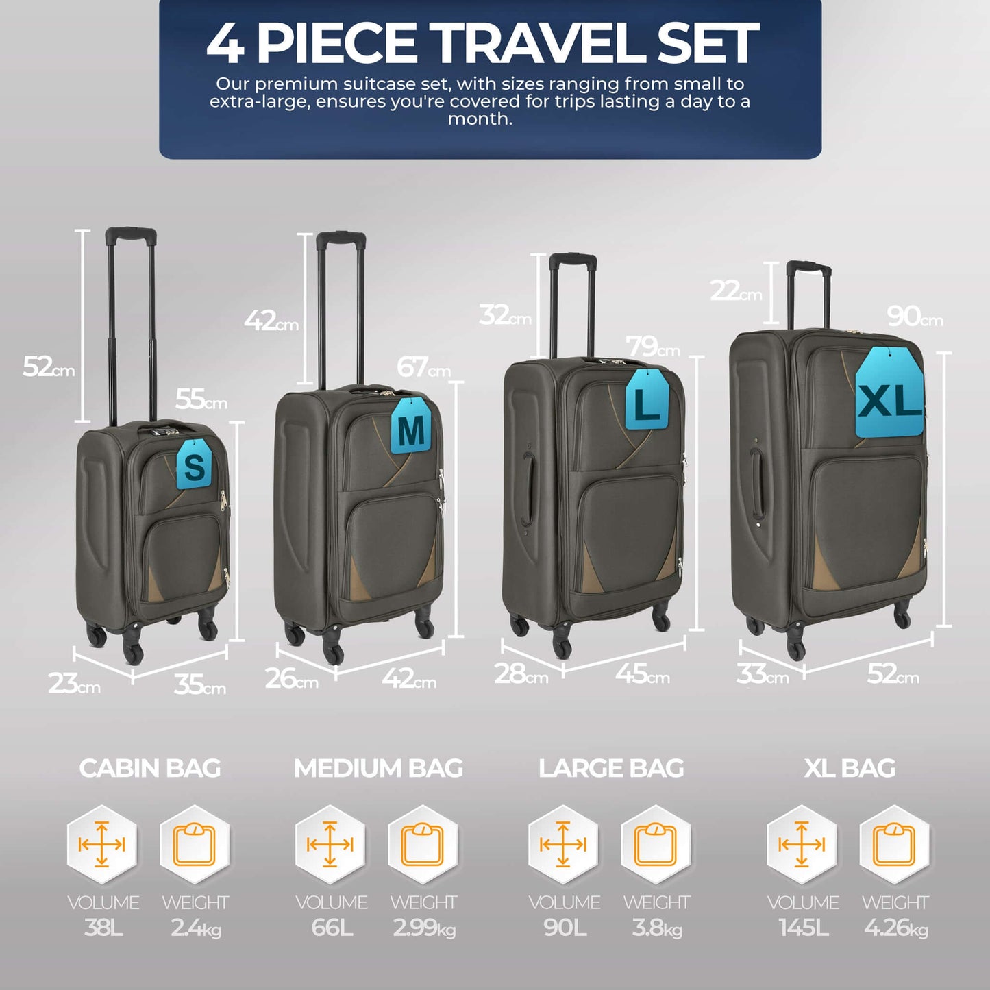 Suitcase Luggage Set On Wheels Set of 4, Assorted Colours