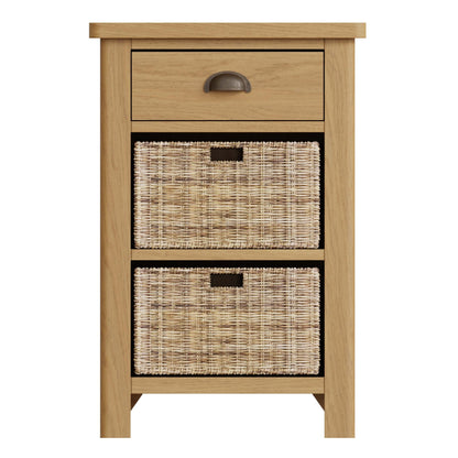 Clara Rustic Oak Side 1 Drawer 2 Wicker Baskets Side Table