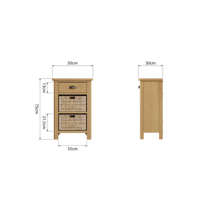 Clara Rustic Oak Side 1 Drawer 2 Wicker Baskets Side Table
