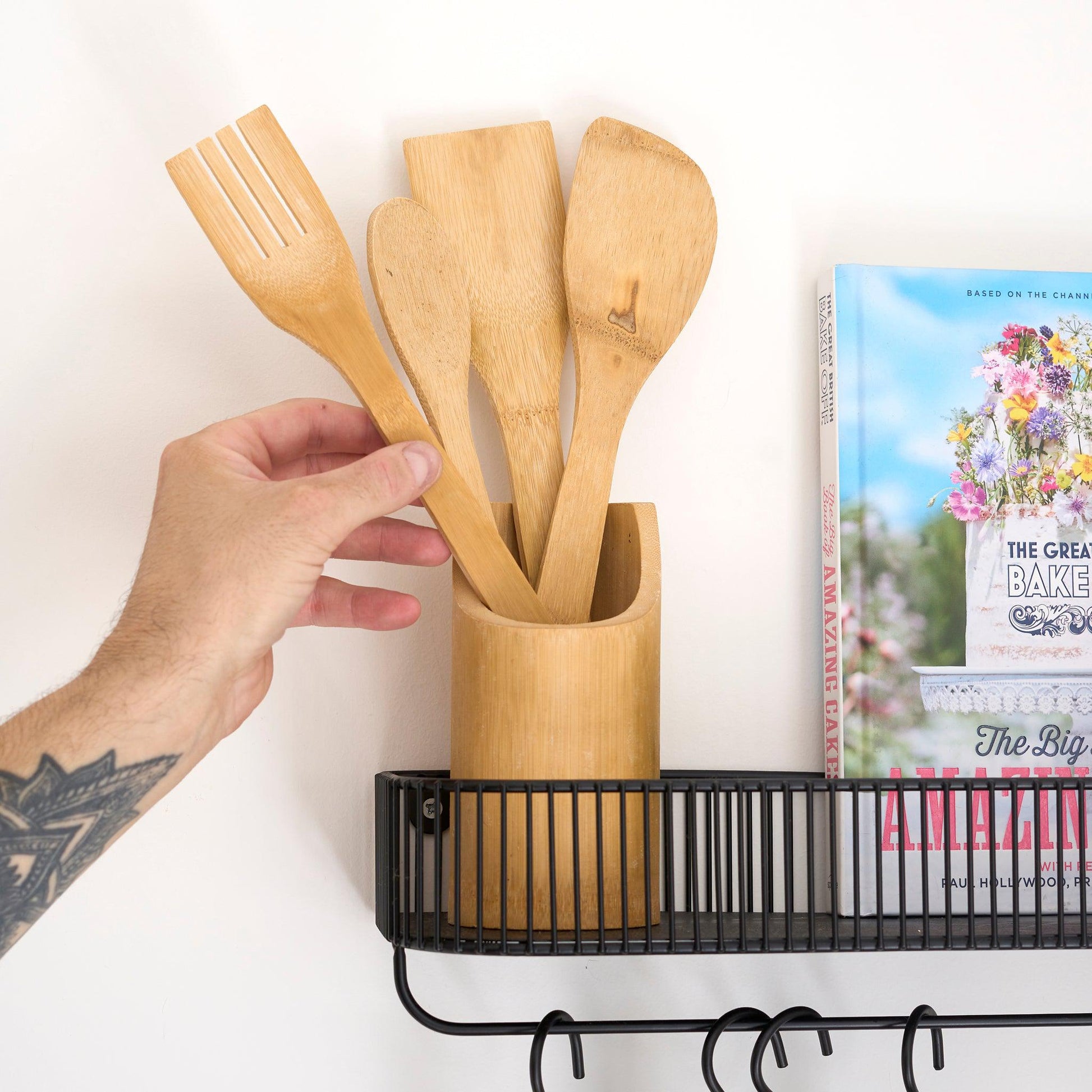 4Pcs Bamboo Essentials Kitchen Cooking Utensils With Utensils Holder-5056536103543-Bargainia.com