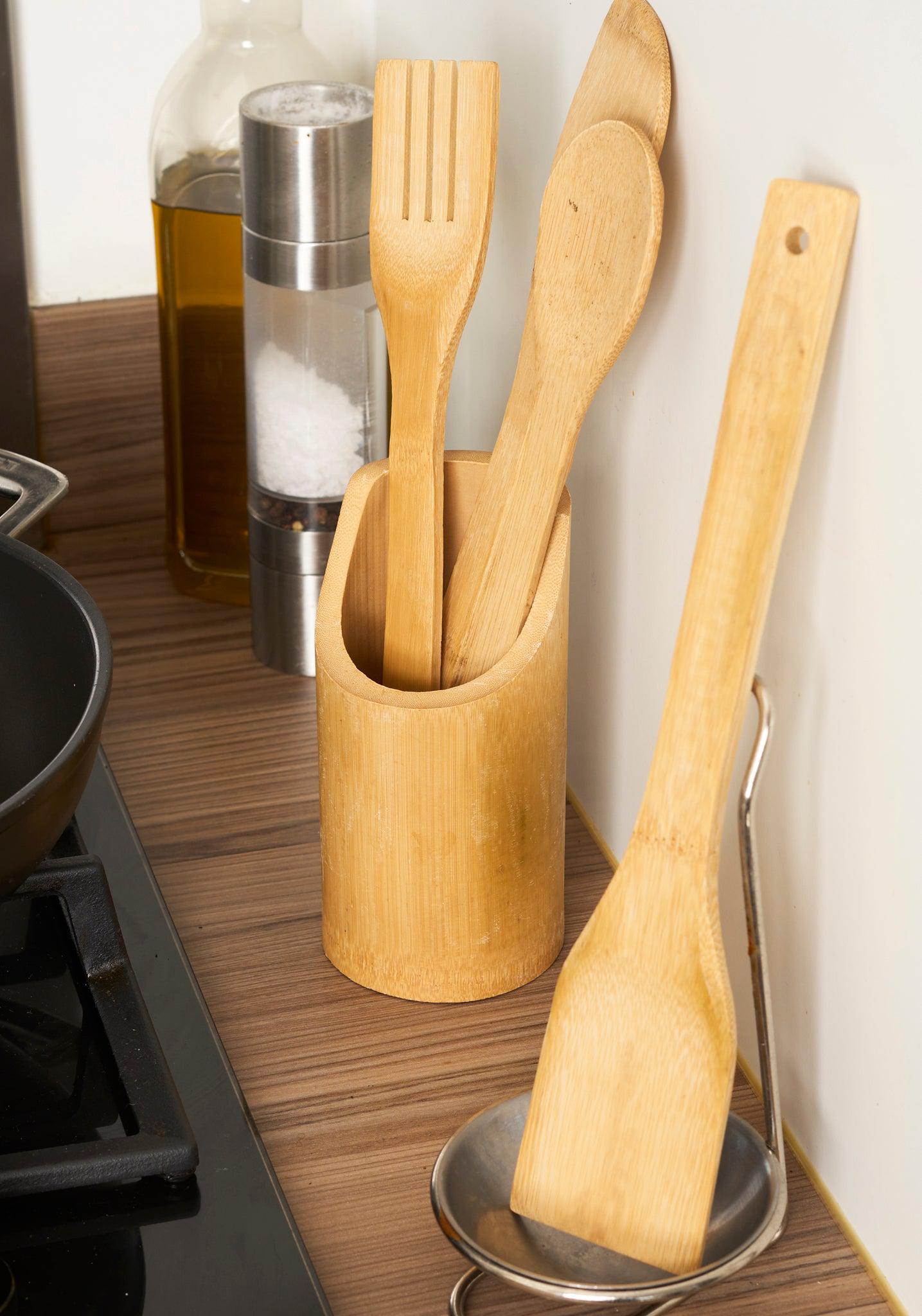4Pcs Bamboo Essentials Kitchen Cooking Utensils With Utensils Holder-5056536103543-Bargainia.com