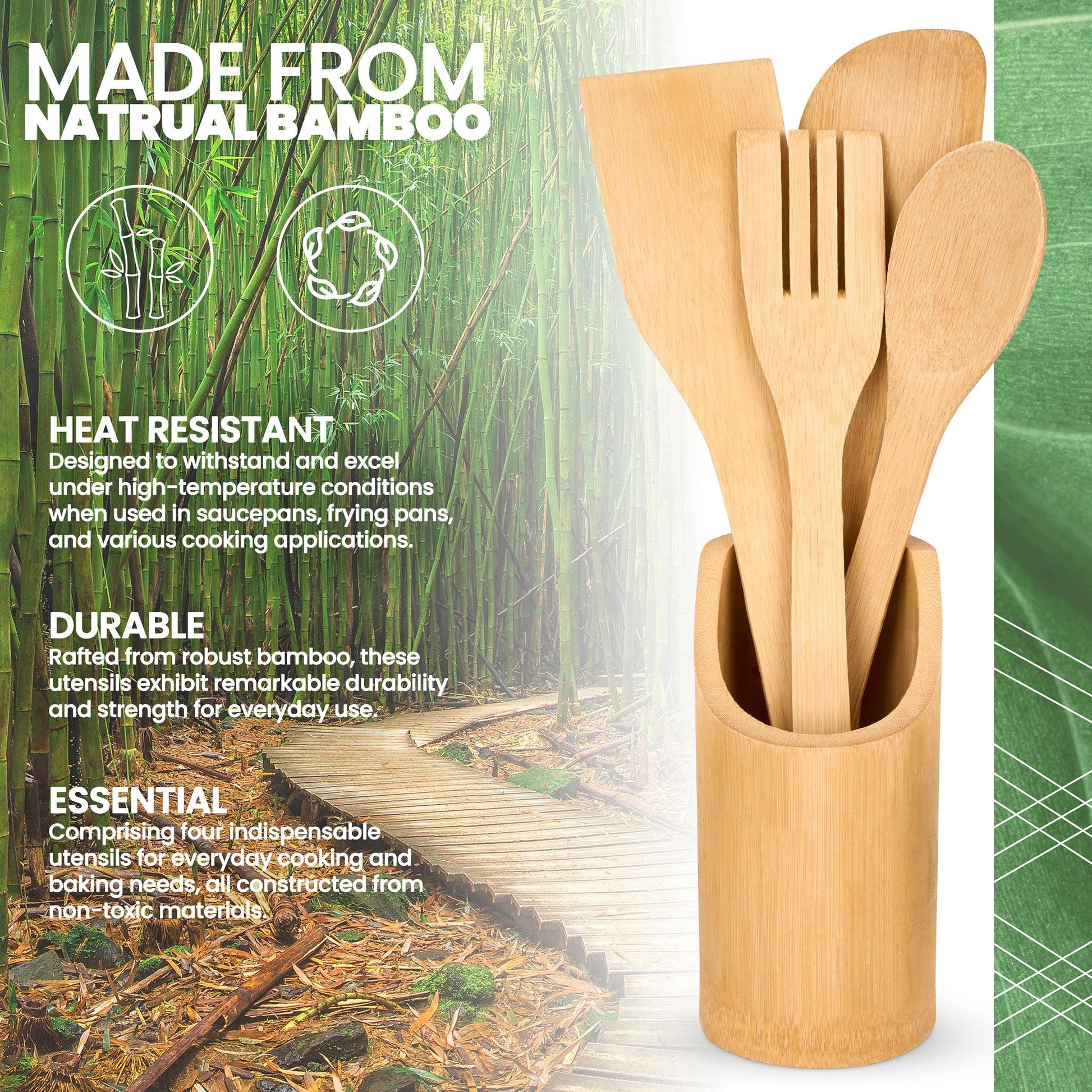 4Pcs Bamboo Essentials Kitchen Cooking Utensils With Utensils Holder-5056536103543-Bargainia.com