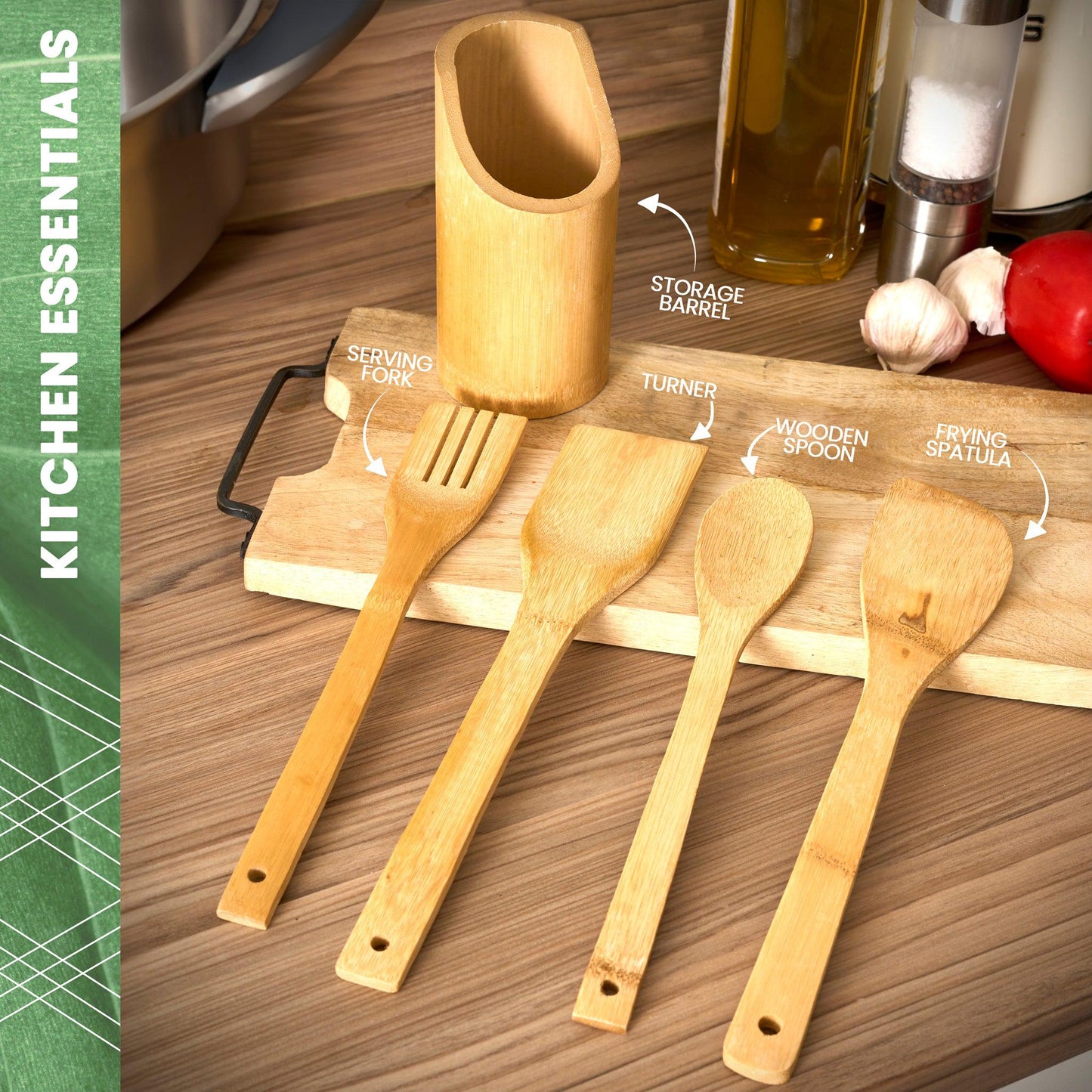 4Pcs Bamboo Essentials Kitchen Cooking Utensils With Utensils Holder-5056536103543-Bargainia.com