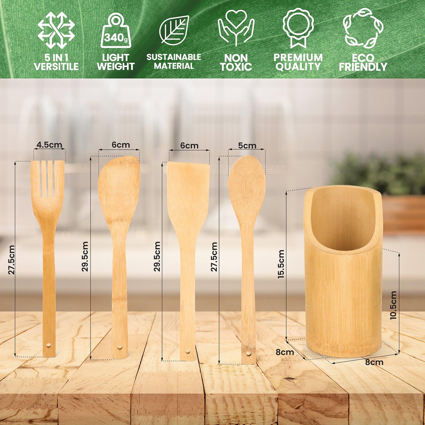4Pcs Bamboo Essentials Kitchen Cooking Utensils With Utensils Holder-5056536103543-Bargainia.com