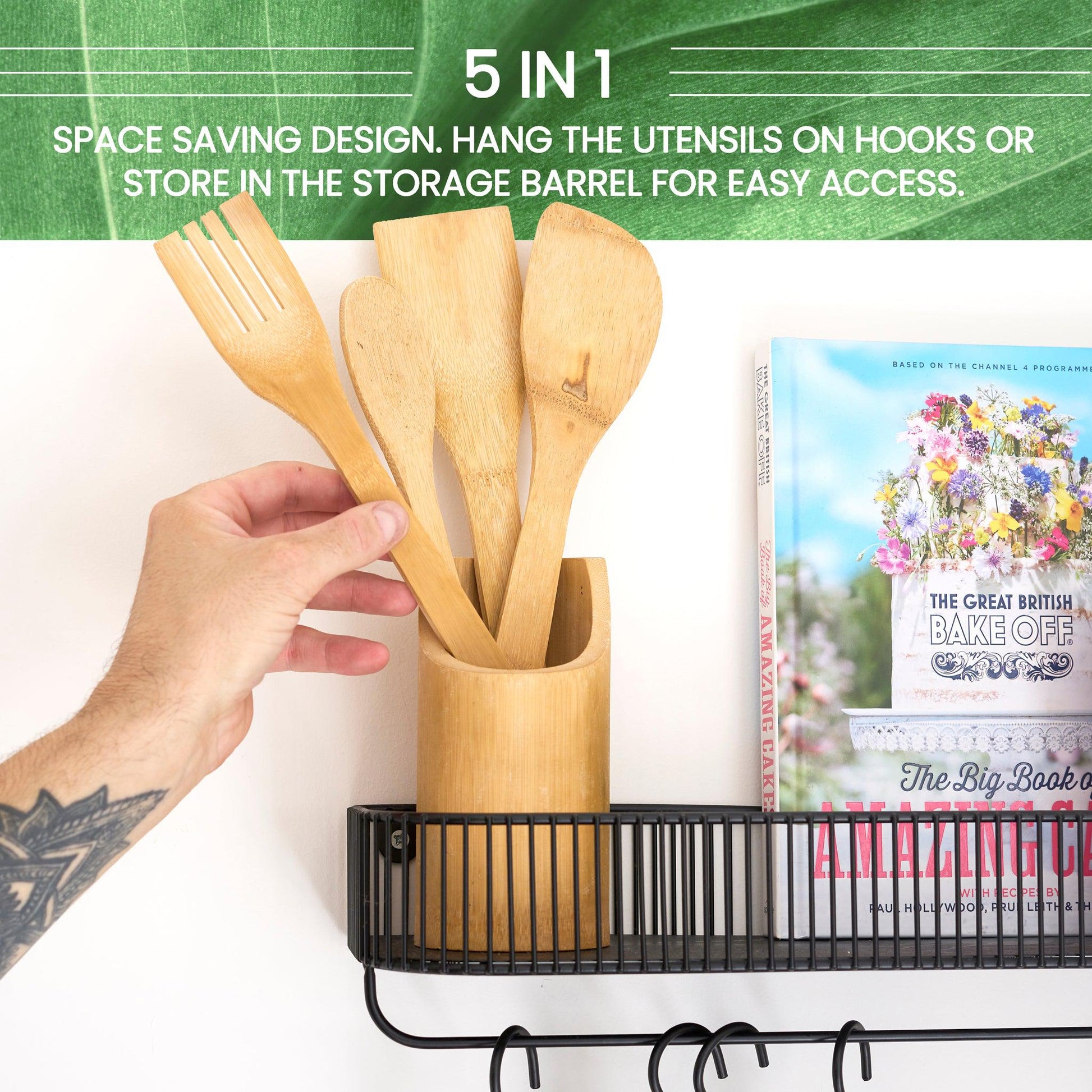 4Pcs Bamboo Essentials Kitchen Cooking Utensils With Utensils Holder-5056536103543-Bargainia.com