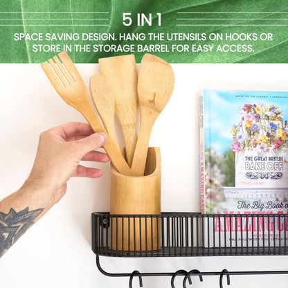 4Pcs Bamboo Essentials Kitchen Cooking Utensils With Utensils Holder-5056536103543-Bargainia.com