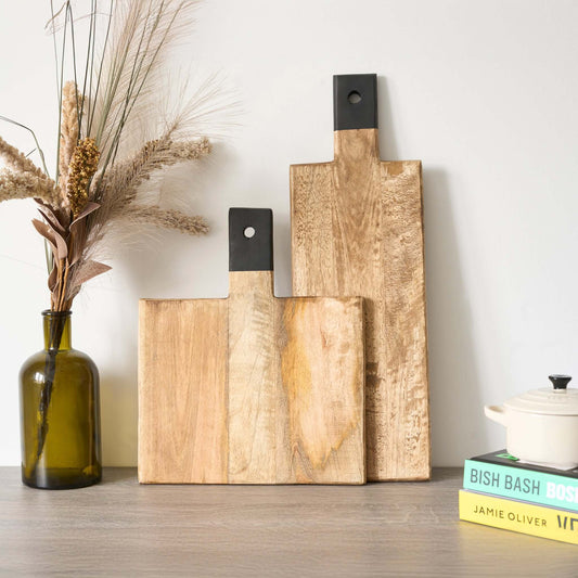 Mango Wood Serving Cutting Board With Black Handle Assorted Sizes
