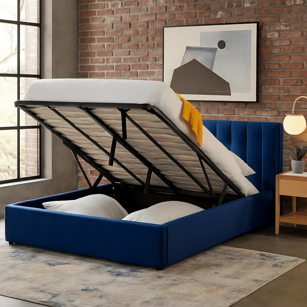Blue Velvet Plush Ottoman Storage Bed Frame - Double - Bargainia.com - 5056536100108 - MLM - 170955 - D - DBL