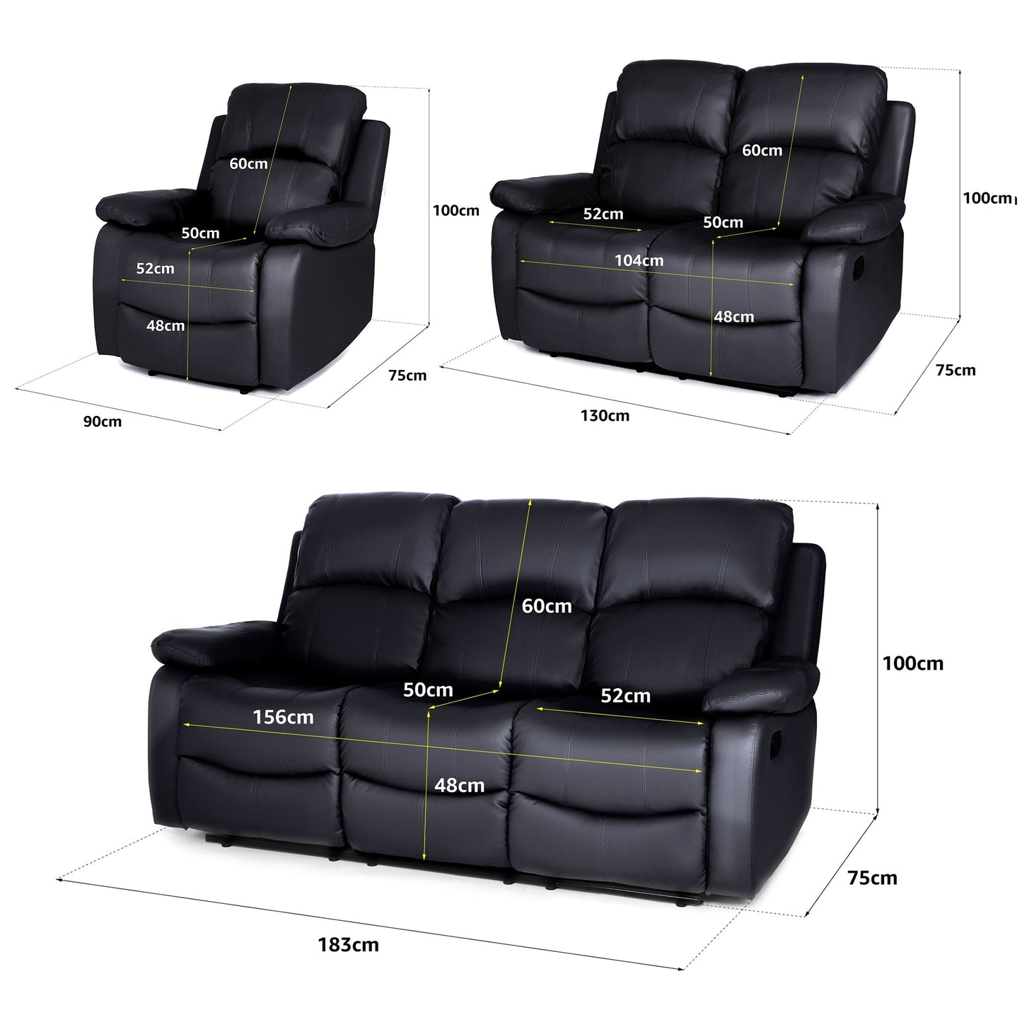 Faux Leather Manual Recliner Sofa Suite - Black - Bargainia.com - 5056150222934 - MLM-111433-S123-BLK
