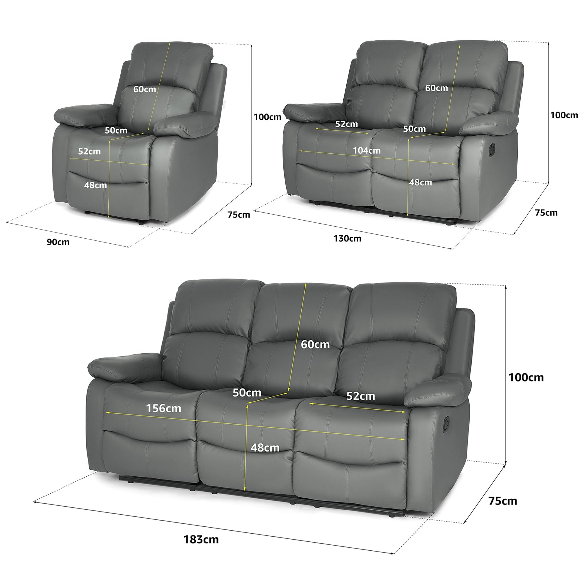 Faux Leather Manual Recliner Sofa Suite - Charcoal Grey - Bargainia.com - 8800228253583 - MLM-111433-S123