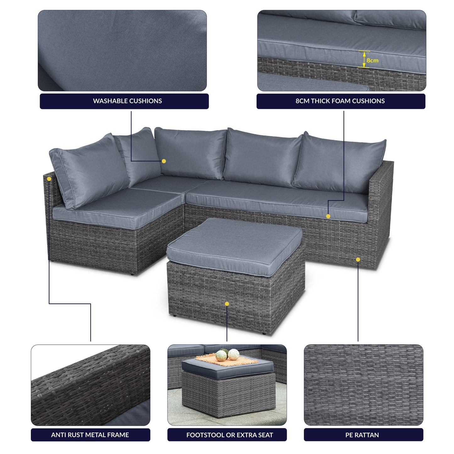 Forli 6 Seater Rattan Corner Sofa & Footstool Modular Garden Furniture Set With Rain Cover Clearance