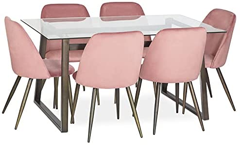 Stylish Contemporary 6 Seater Dining Table and Chairs Set - Rose Pink
