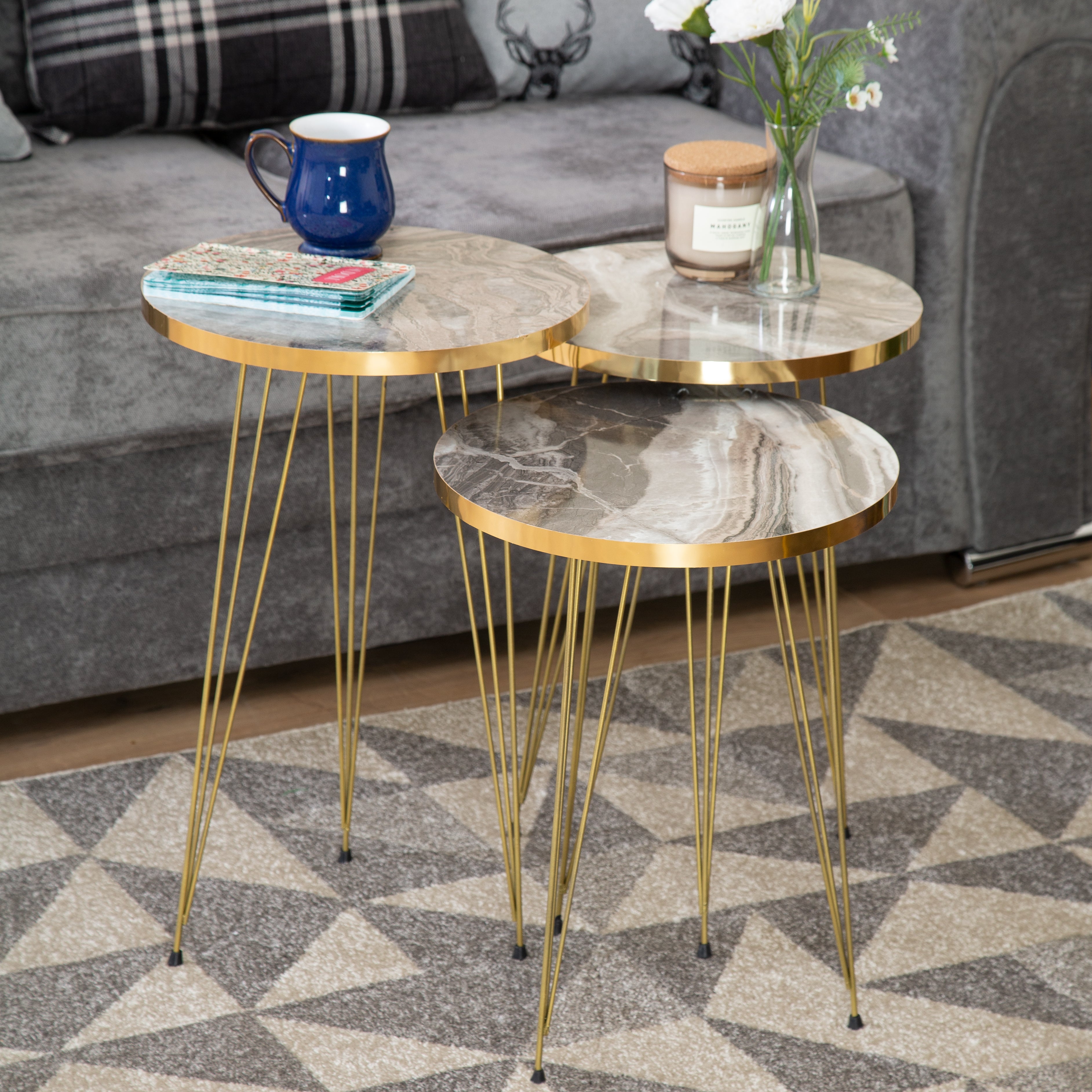Terek Set of 3 Round Side Tables - Grey Marble & Gold