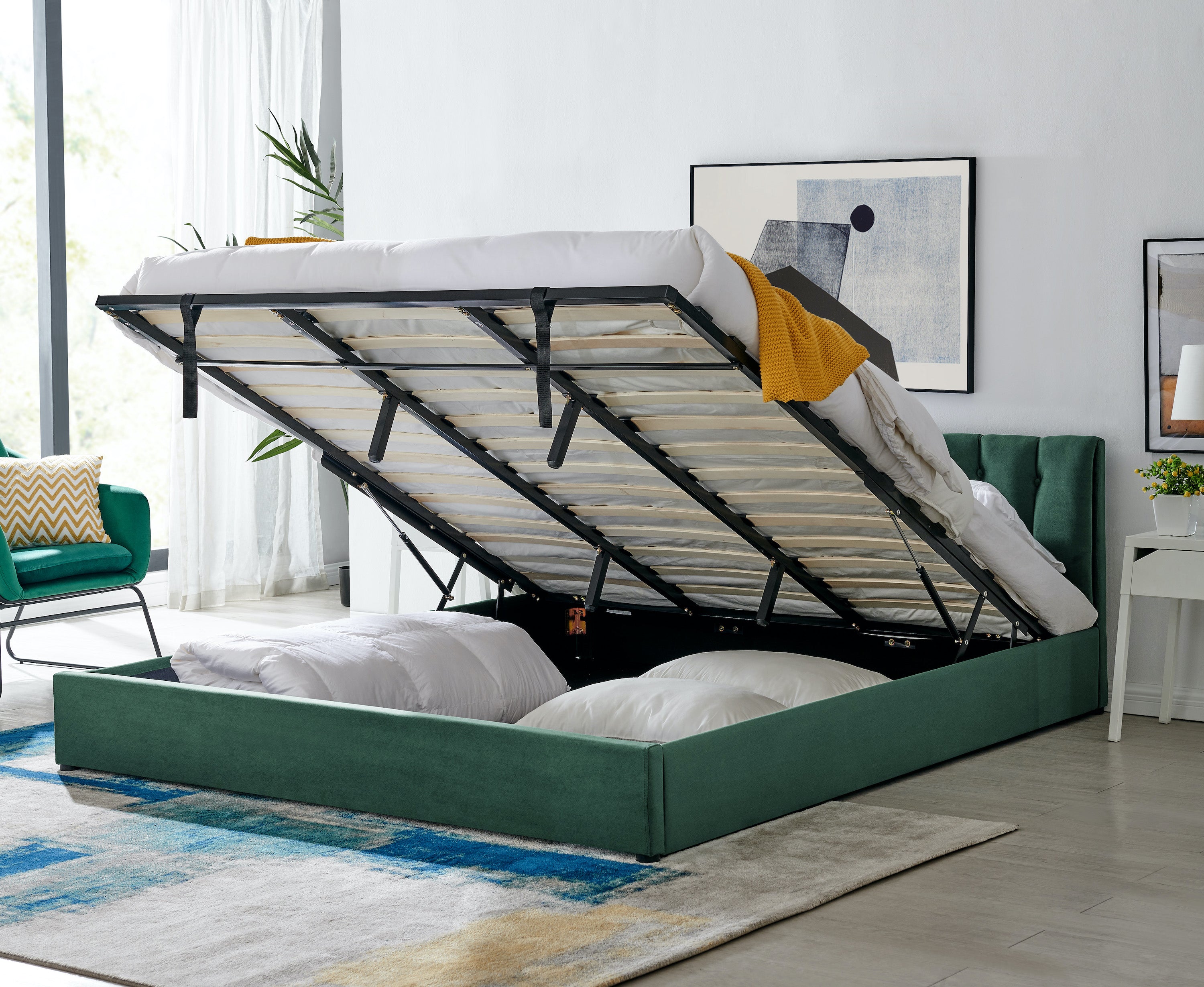 Green Velvet Plush Ottoman Storage Bed Frame - Double / King / Super King
