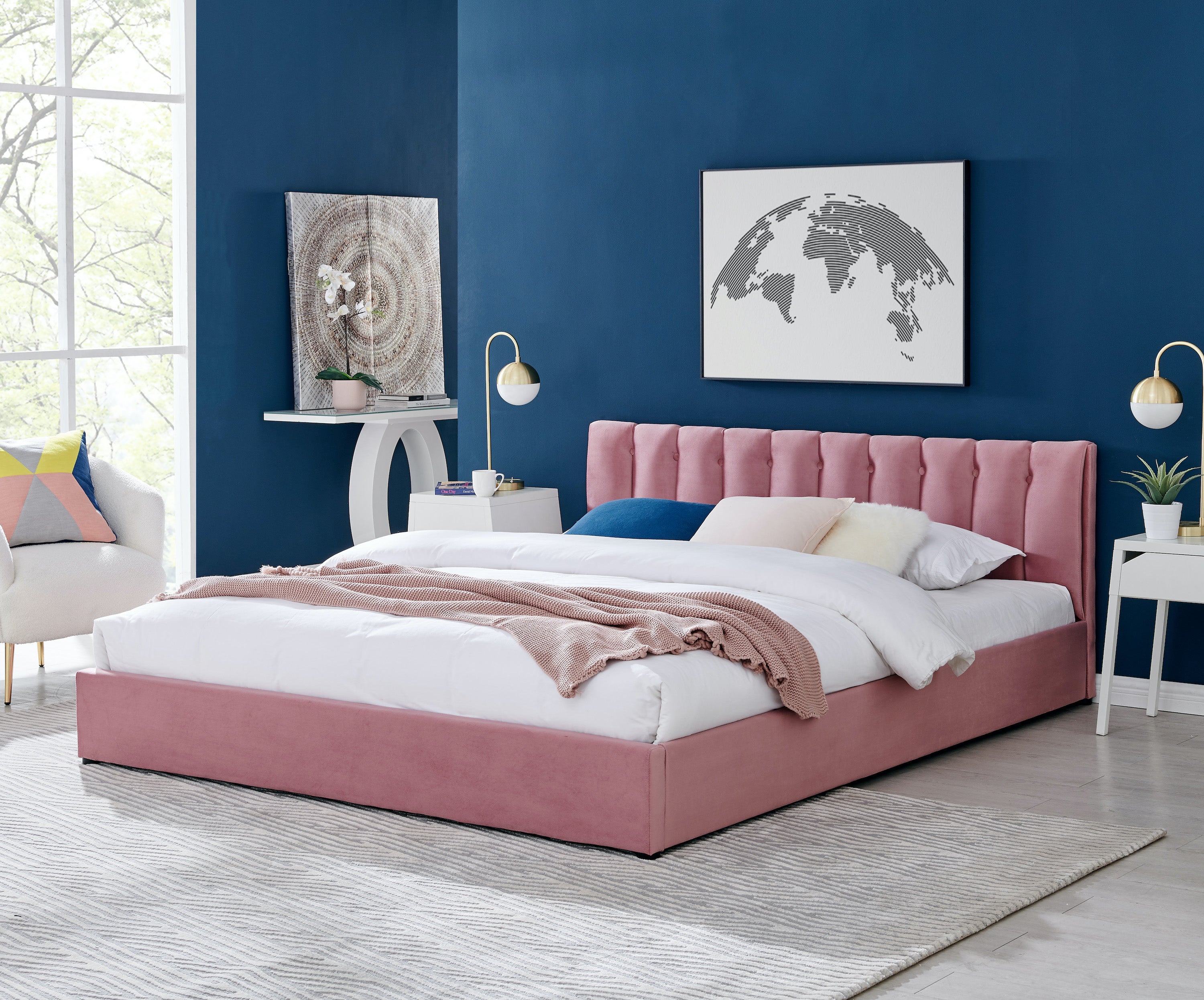 Pink Velvet Plush Ottoman Storage Bed Frame - Double / King / Super King