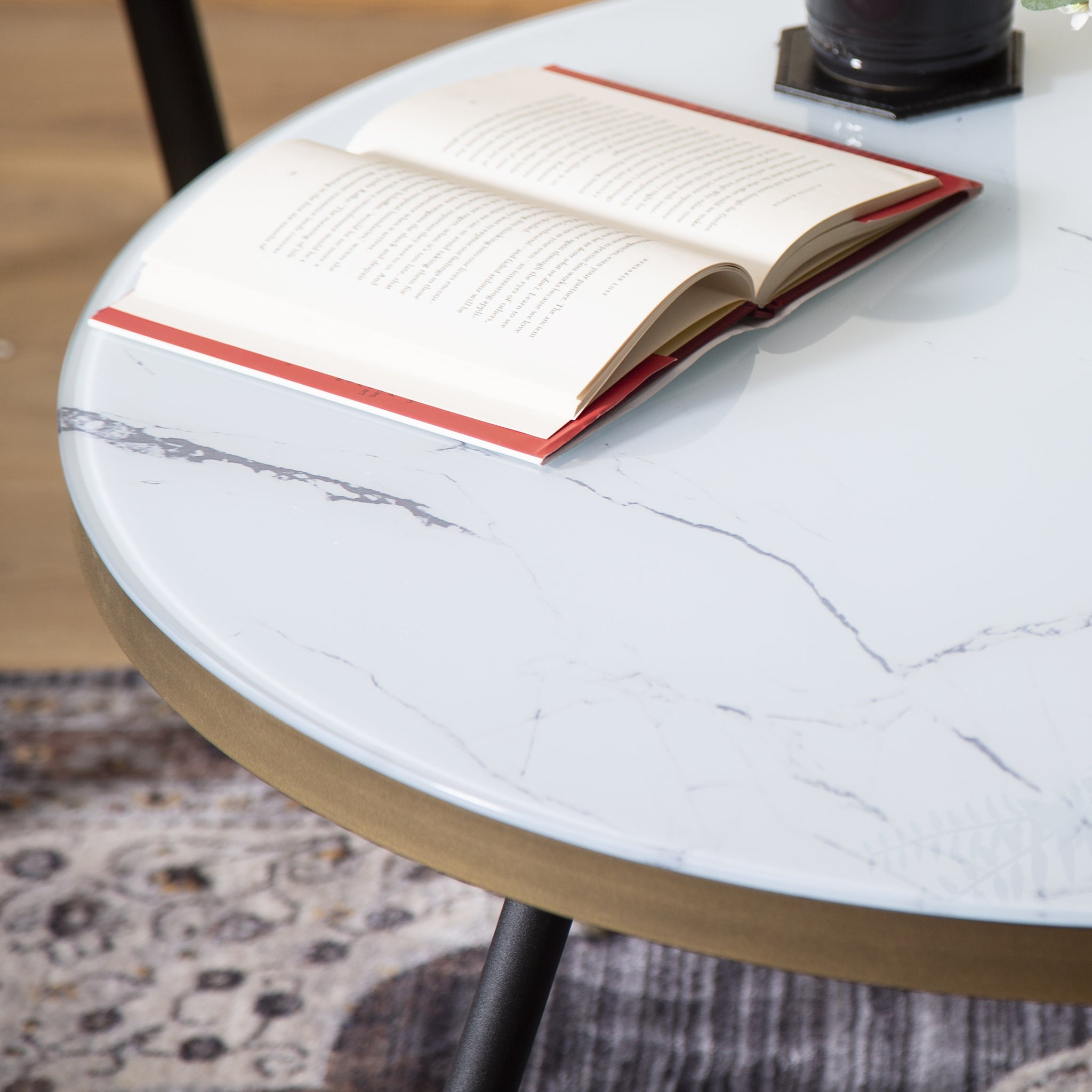 Marble Effect Coffee Table With Wooden Legs - 80 x 45cm