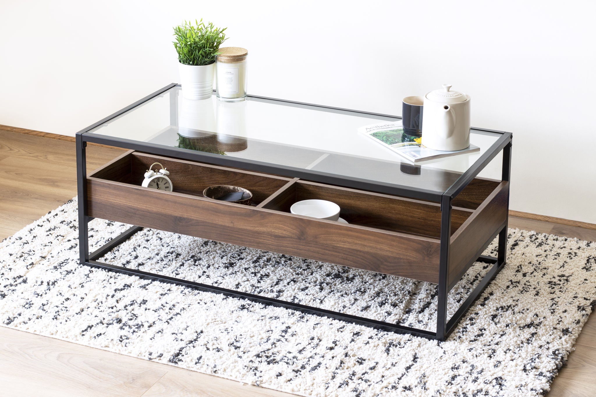 Glass Topped Coffee Table with Wooden Storage Shelf