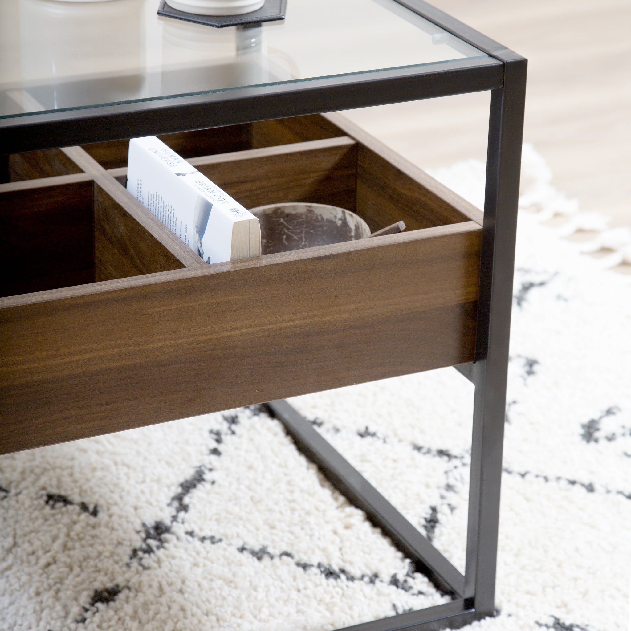 Glass Topped End Table with Wooden Storage Shelf