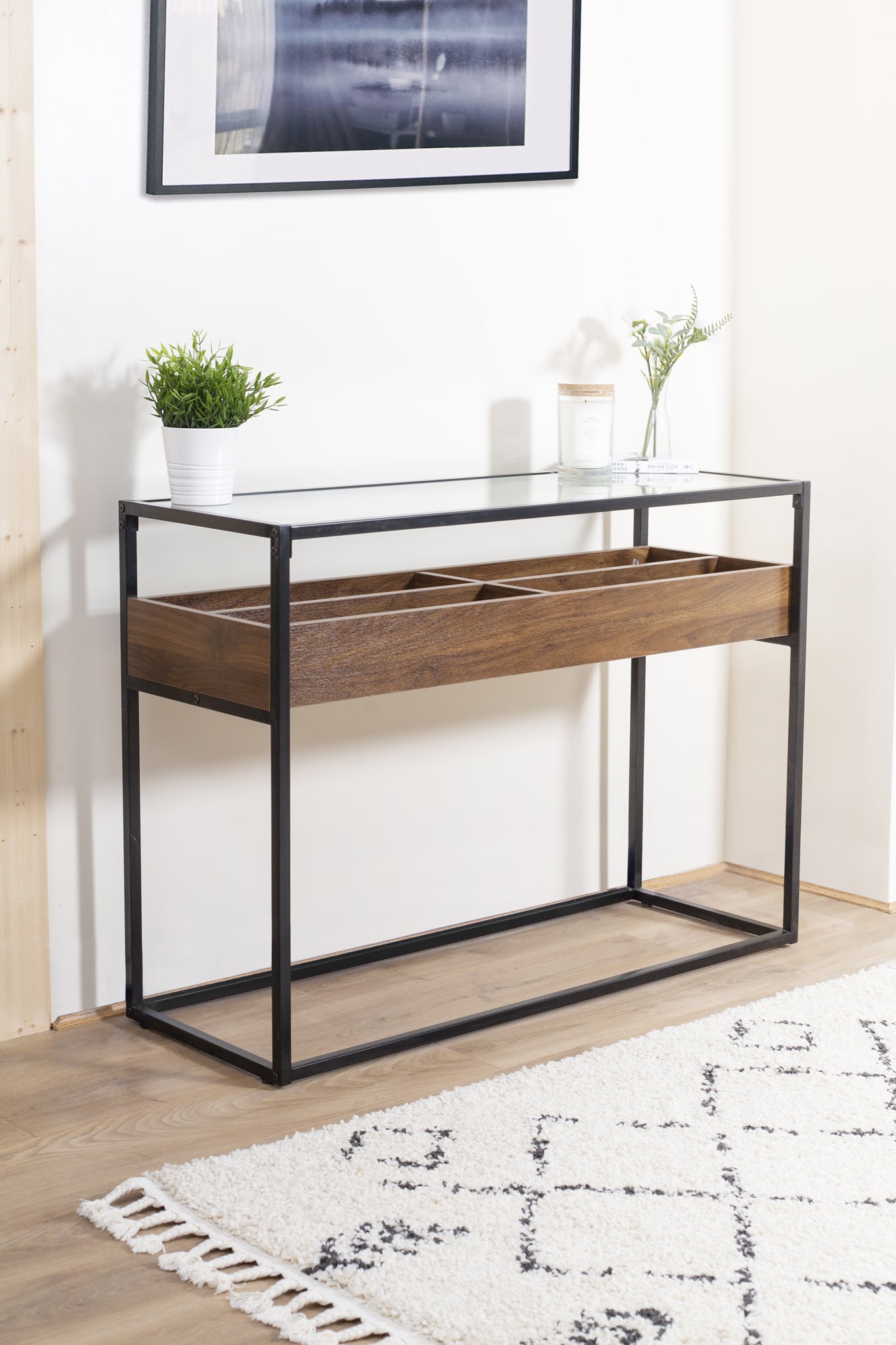 Glass Topped Console Table with Wooden Storage Shelf