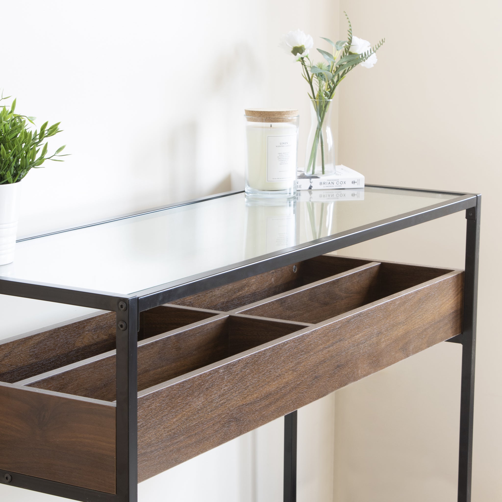 Glass Topped Console Table with Wooden Storage Shelf
