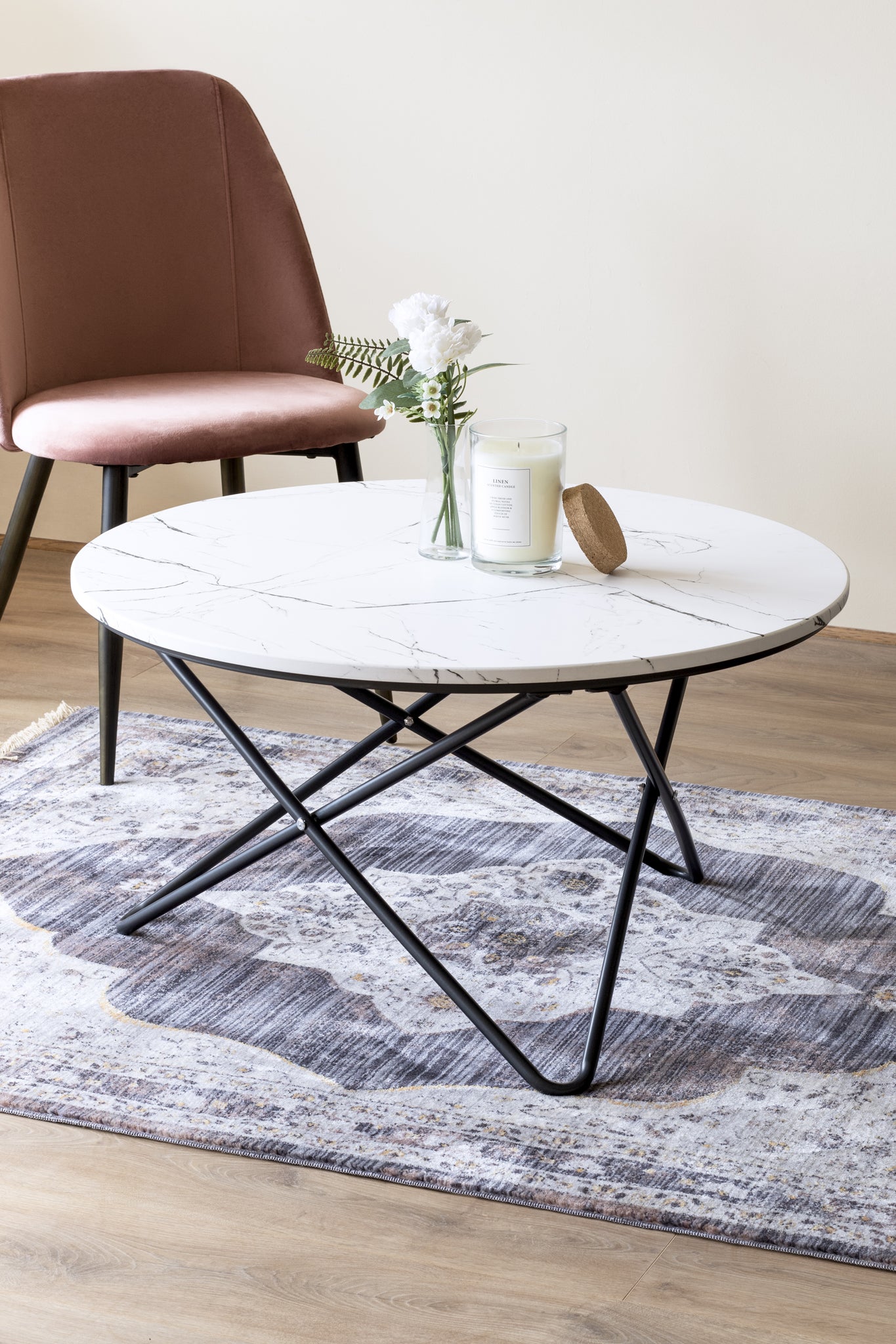 Marble Effect Coffee Table With Metal Legs - 80 x 45cm