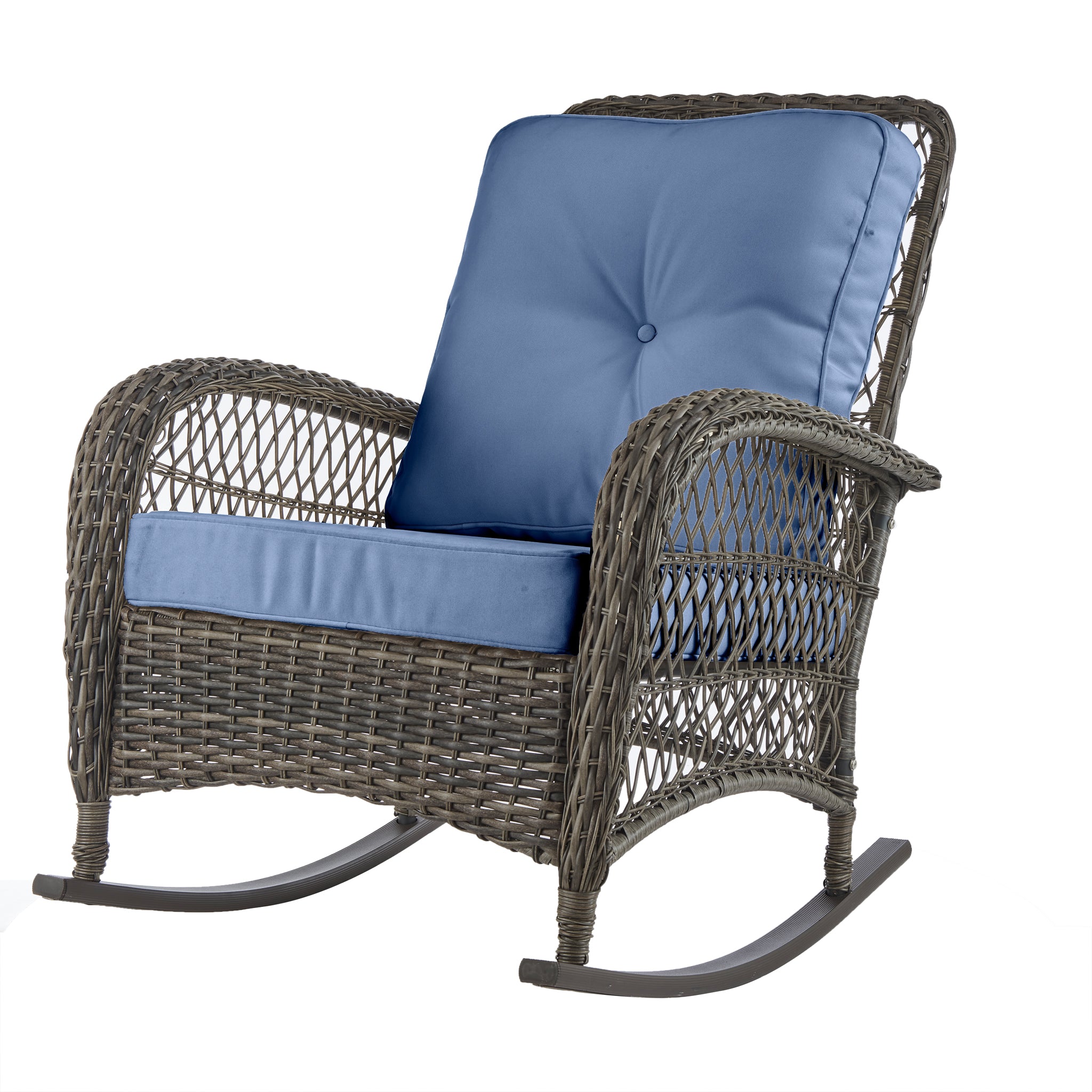 Grey Wicker Garden Rocking Chair With Cushions - Blue