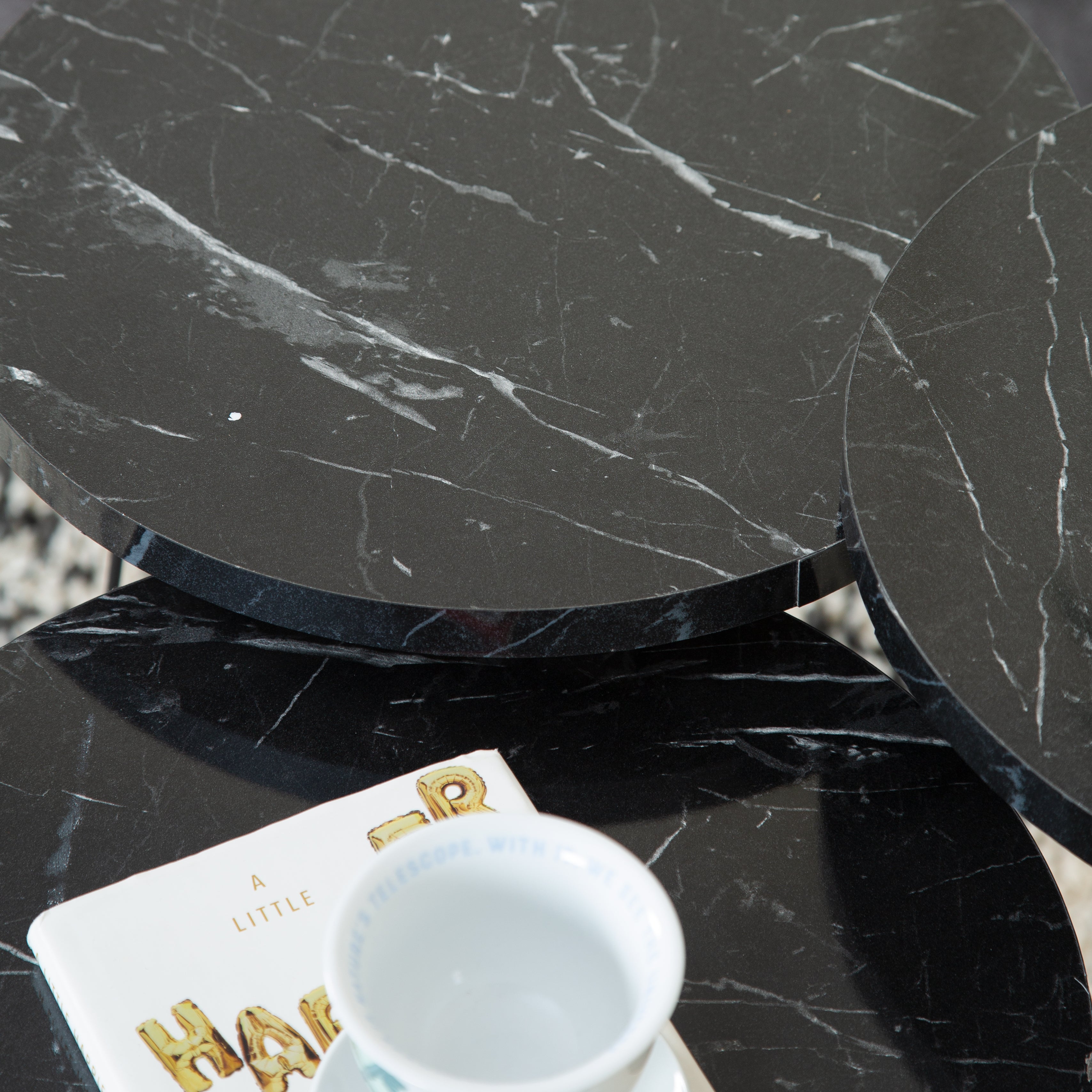 Terek Set of 3 Round Side Tables - Black Marble