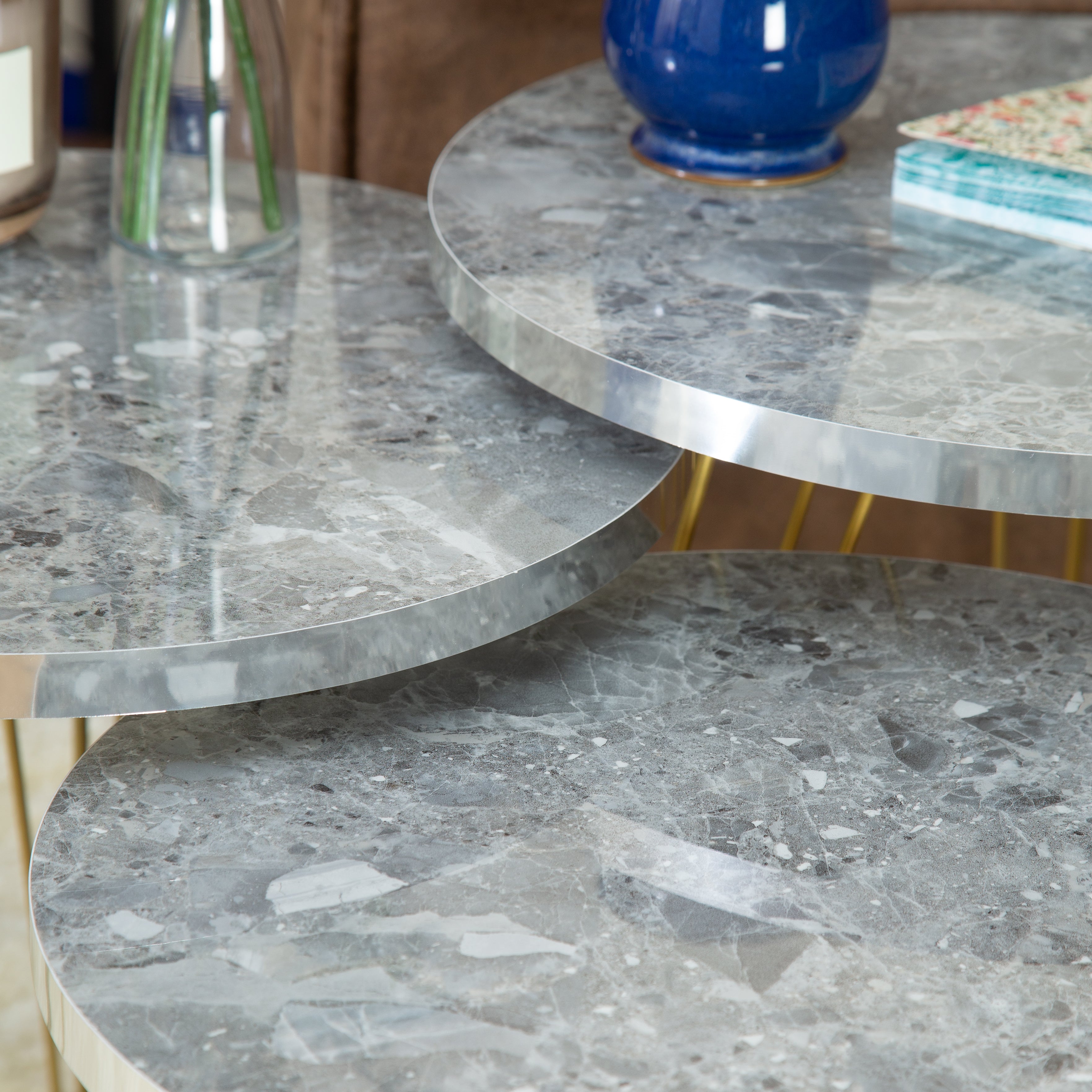 Tigris Set of 3 Round Side Tables - Grey Marble & Gold