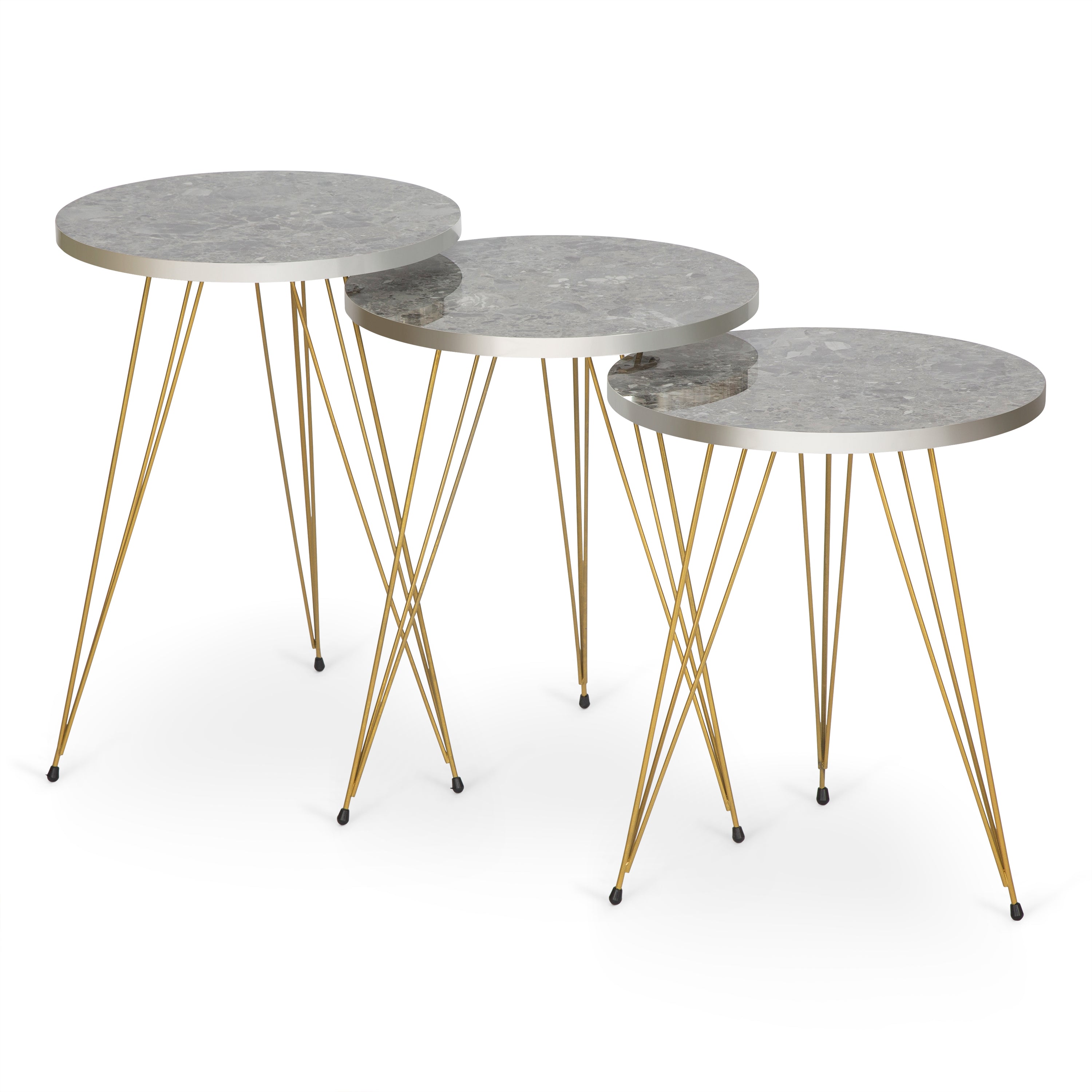 Tigris Set of 3 Round Side Tables - Grey Marble & Gold