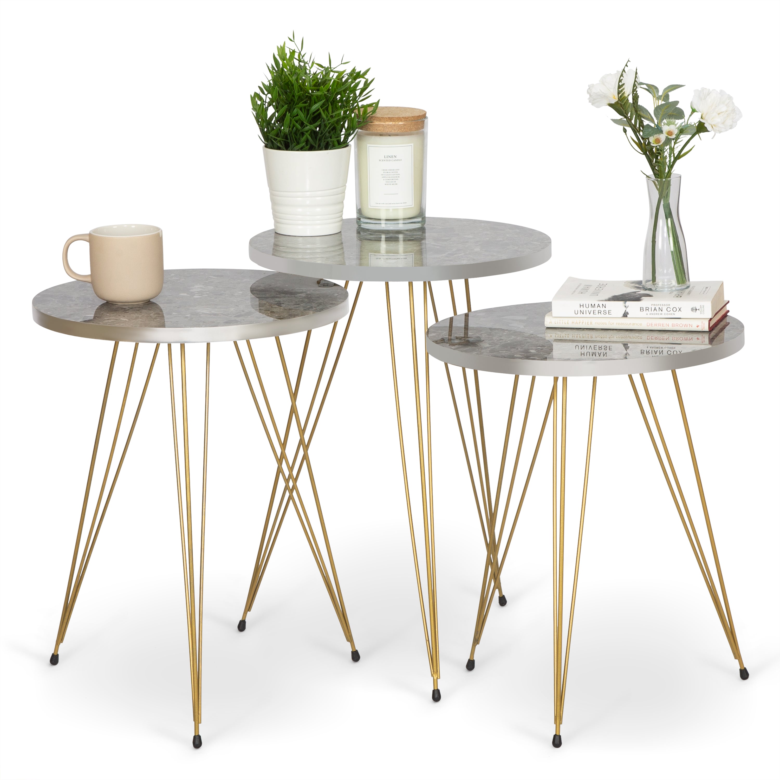 Tigris Set of 3 Round Side Tables - Grey Marble & Gold