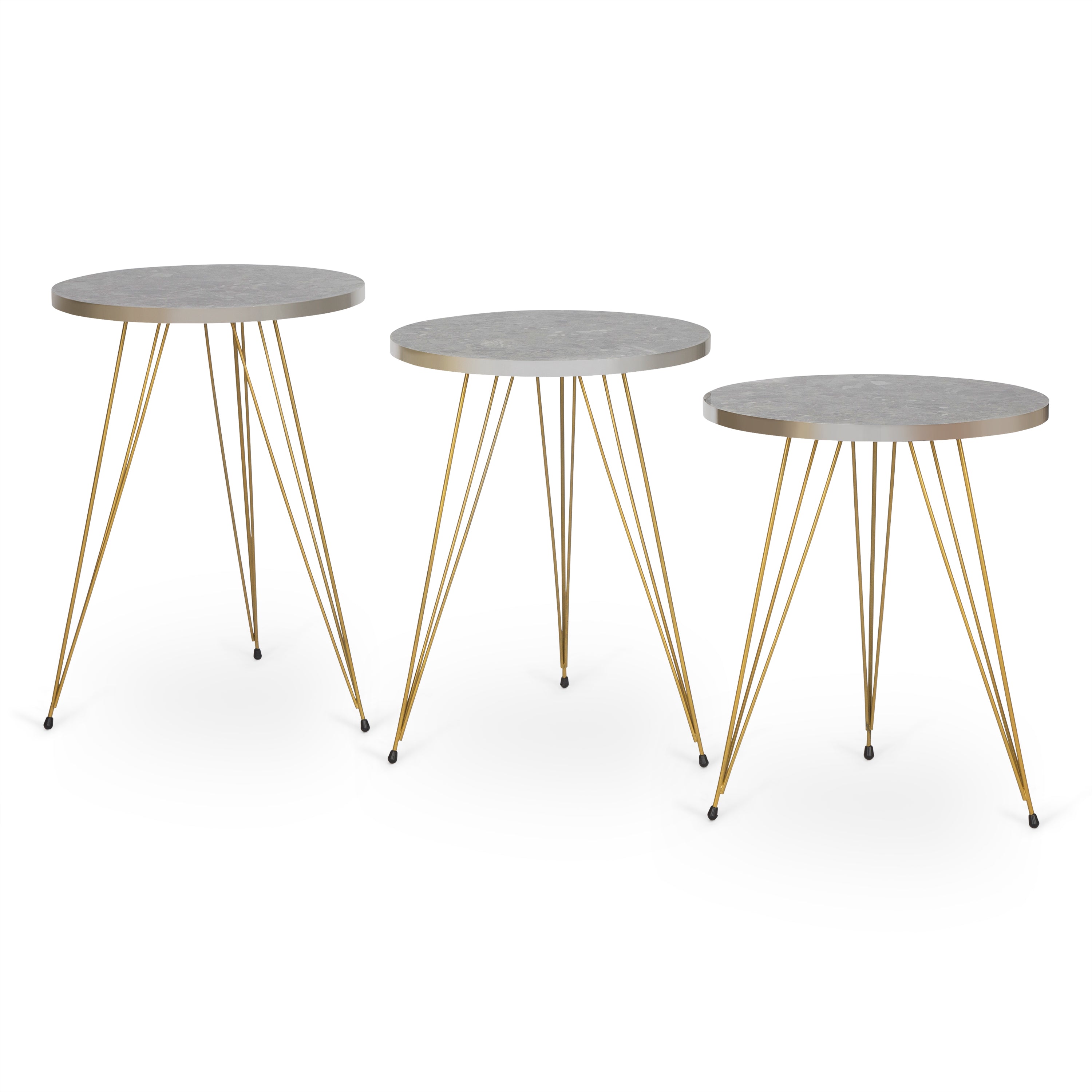 Tigris Set of 3 Round Side Tables - Grey Marble & Gold