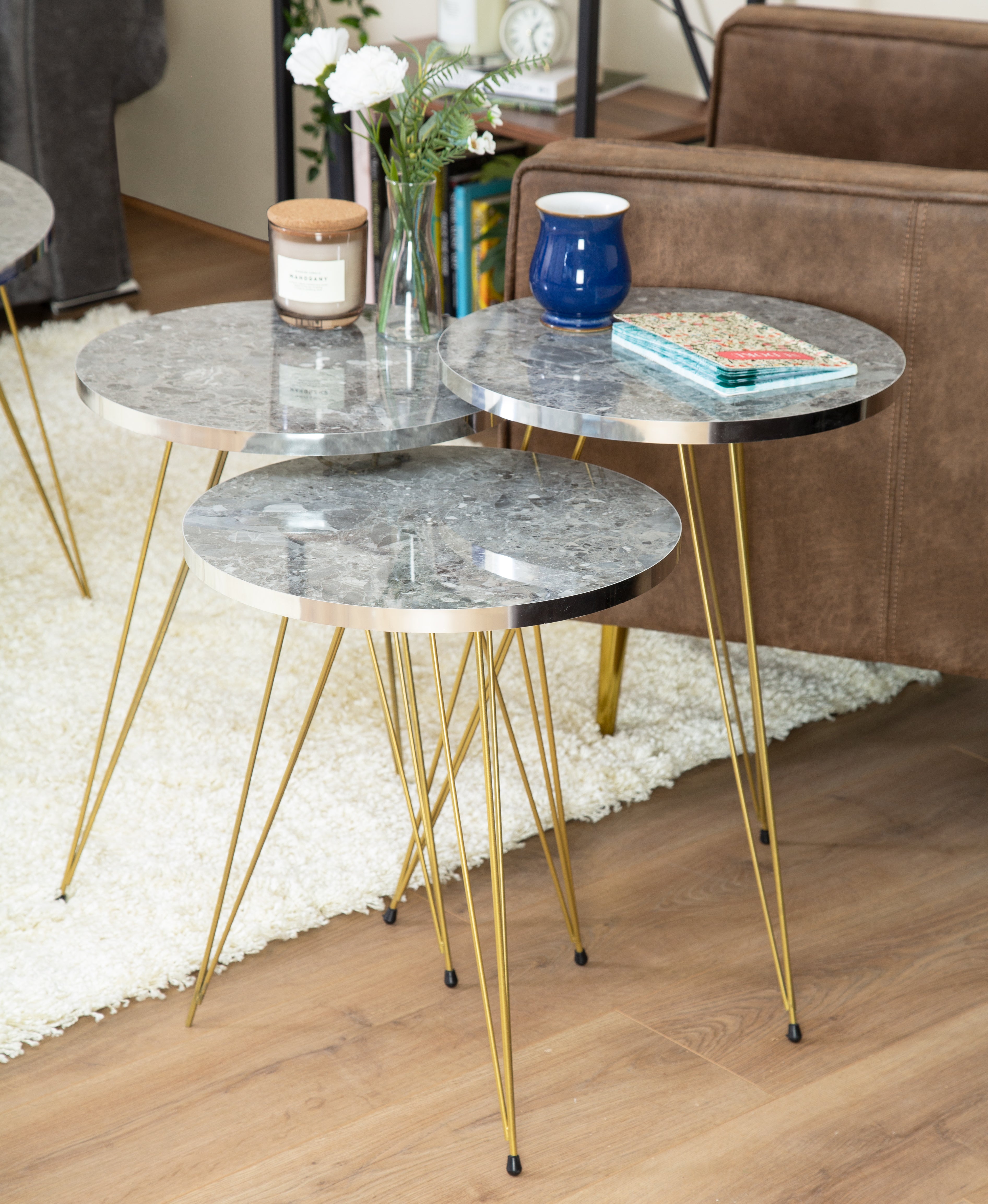 Tigris Set of 3 Round Side Tables - Grey Marble & Gold