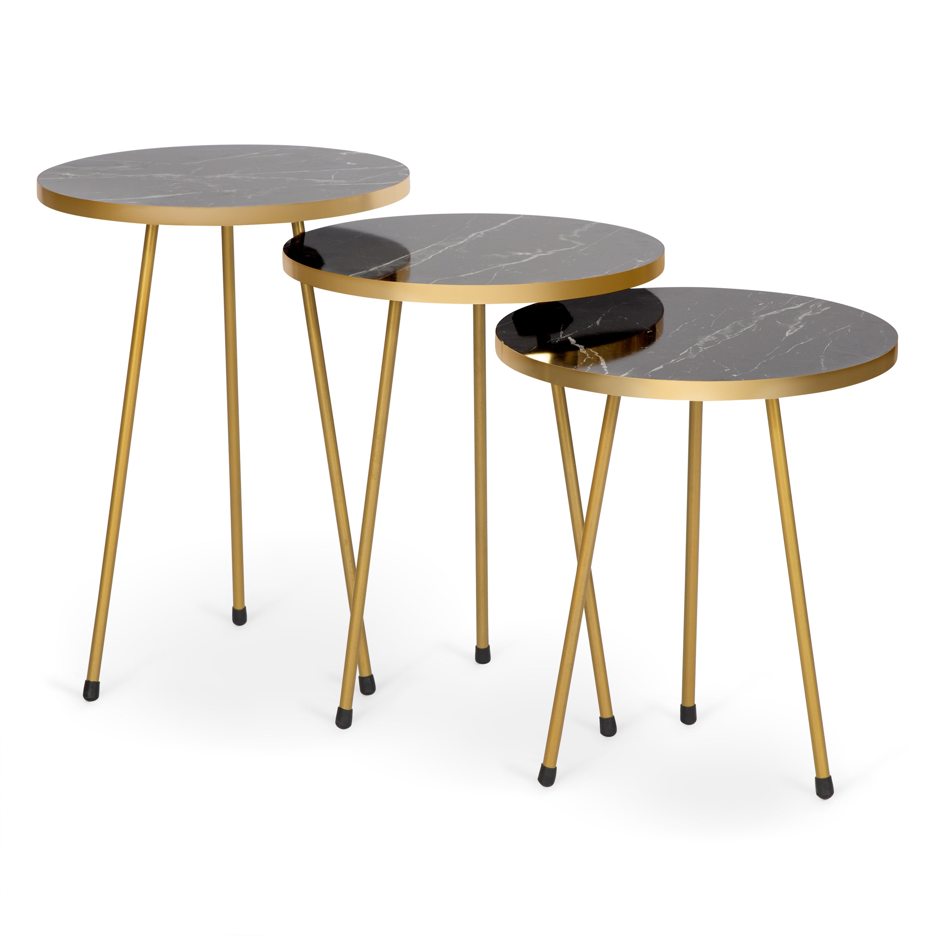 Sleek Set of 3 Round Side Tables - Black Marble & Gold