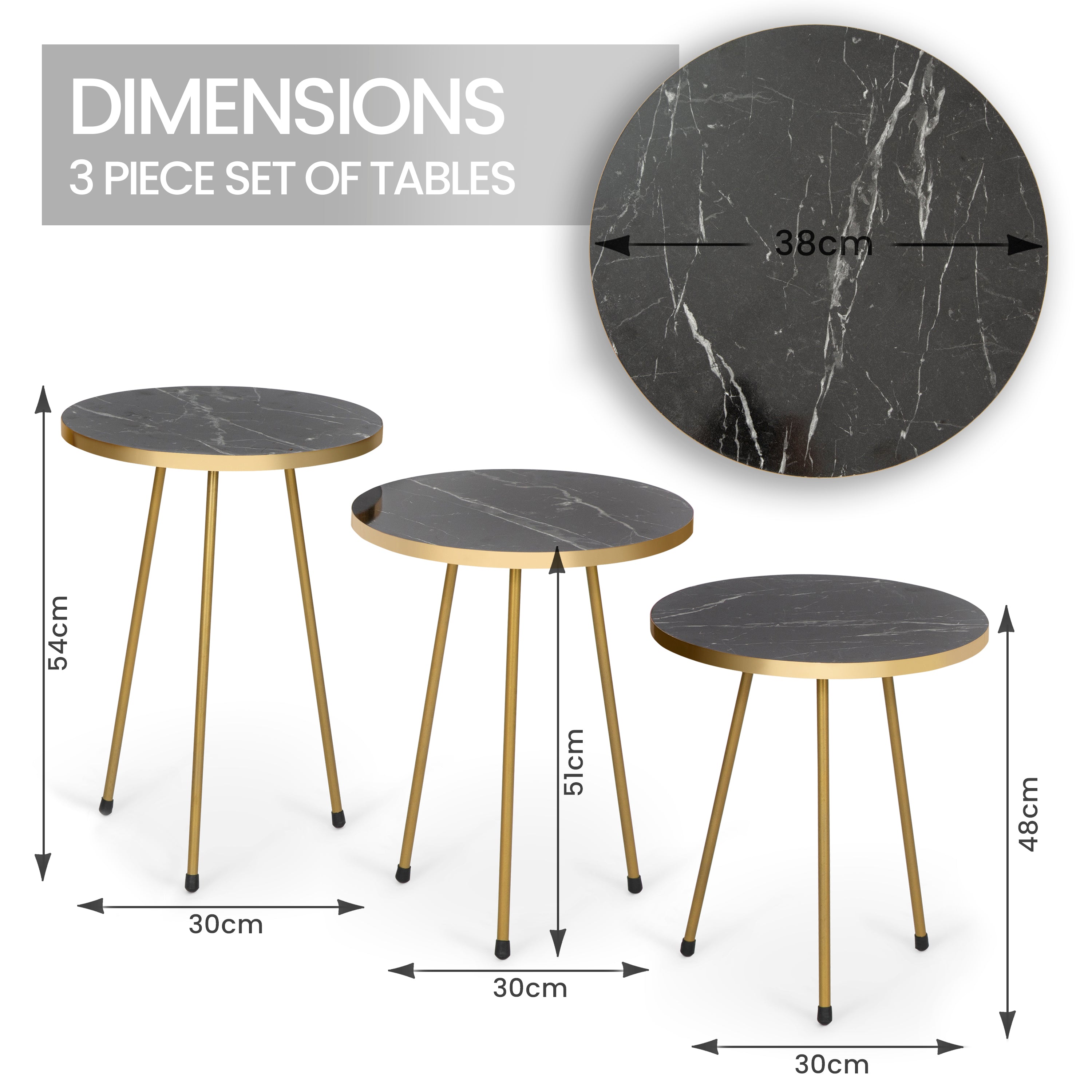 Sleek Set of 3 Round Side Tables - Black Marble & Gold