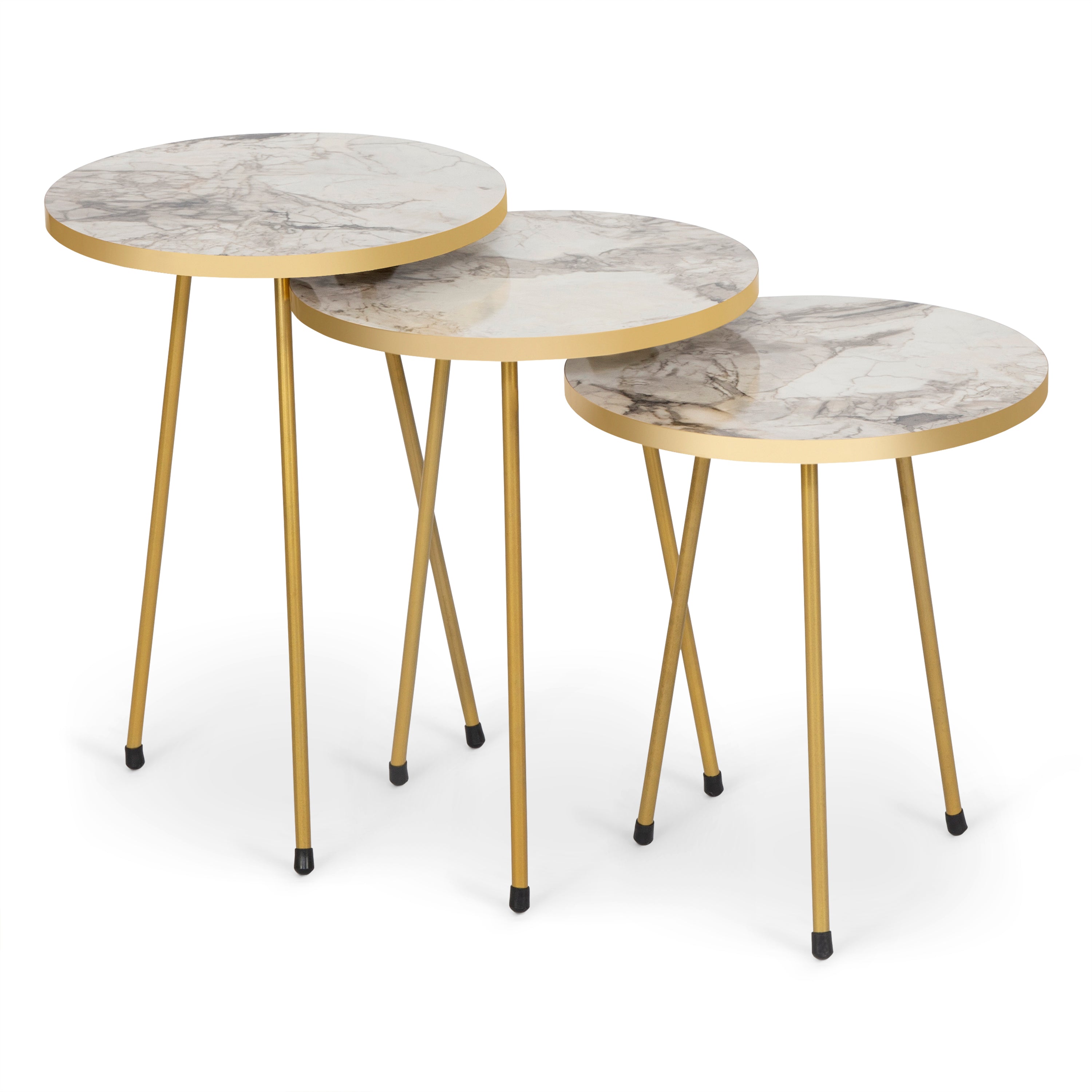 Sleek Set of 3 Round Side Tables - White Marble & Gold