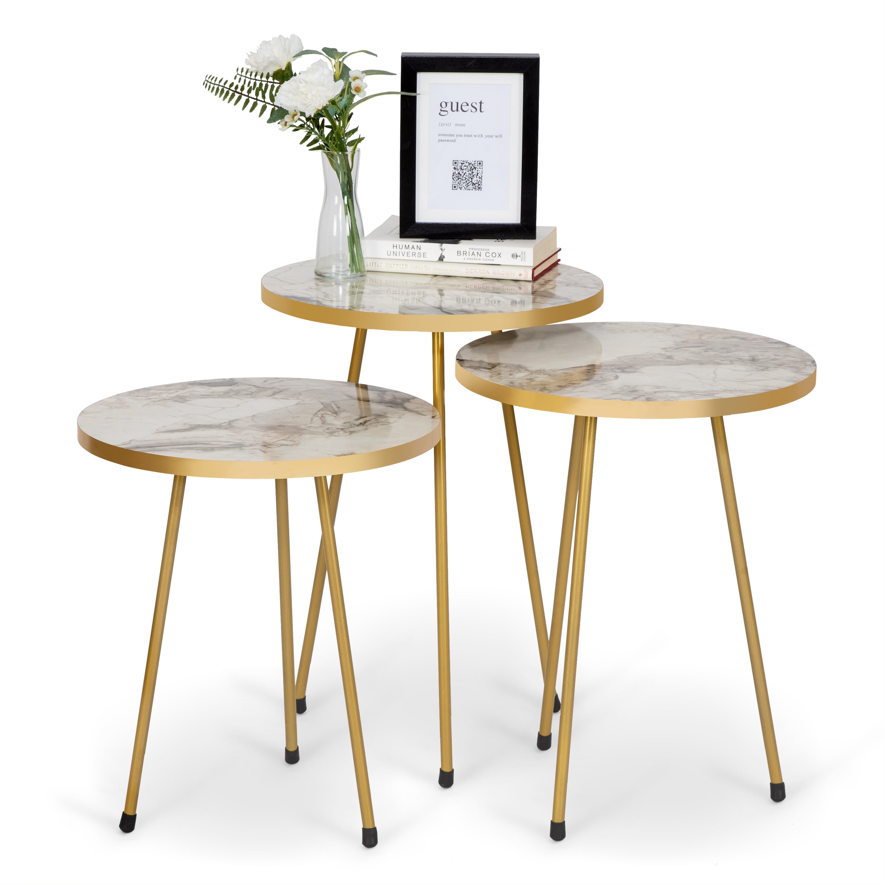 Sleek Set of 3 Round Side Tables - White Marble & Gold