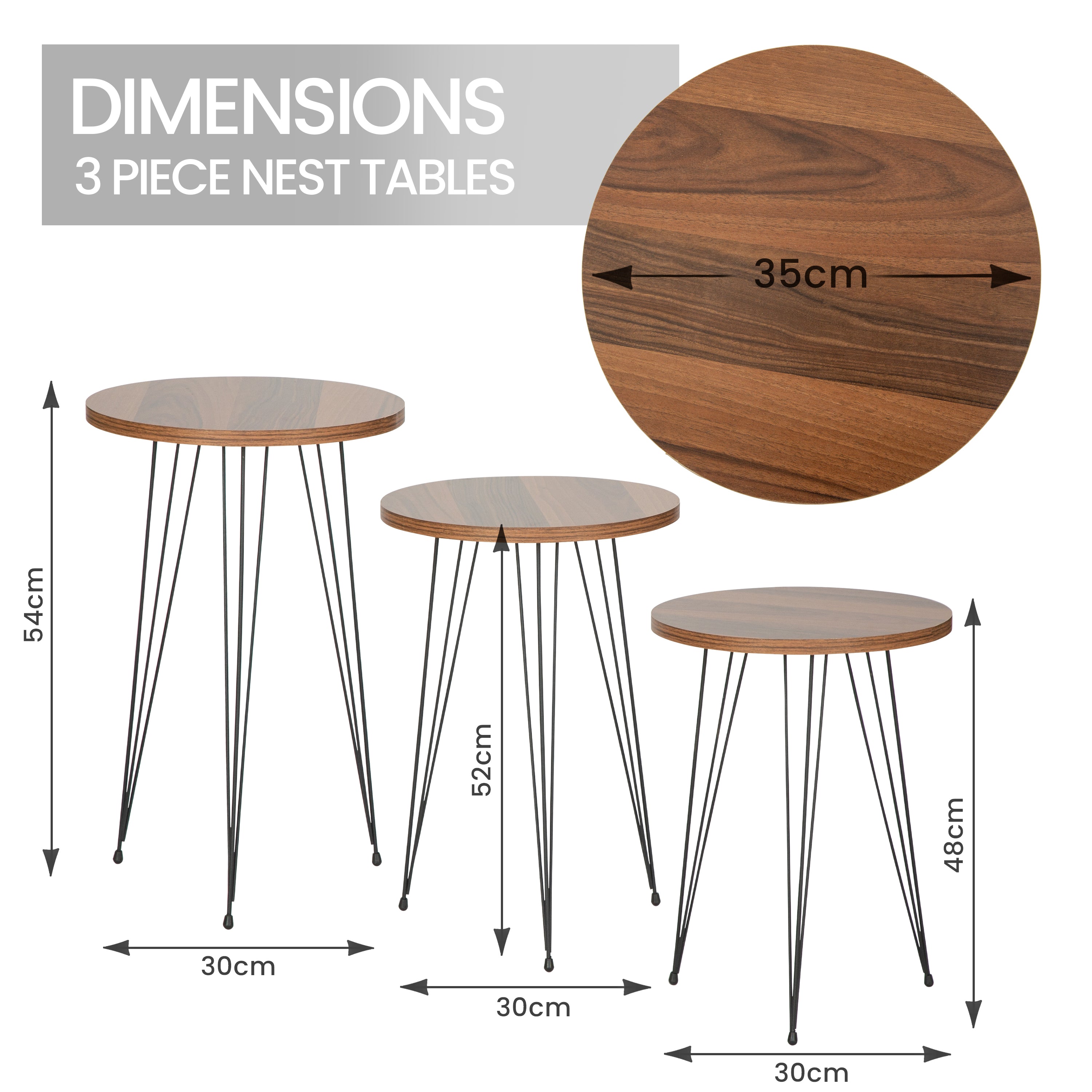 Terek Set of 3 Round Side Tables - Walnut Wood