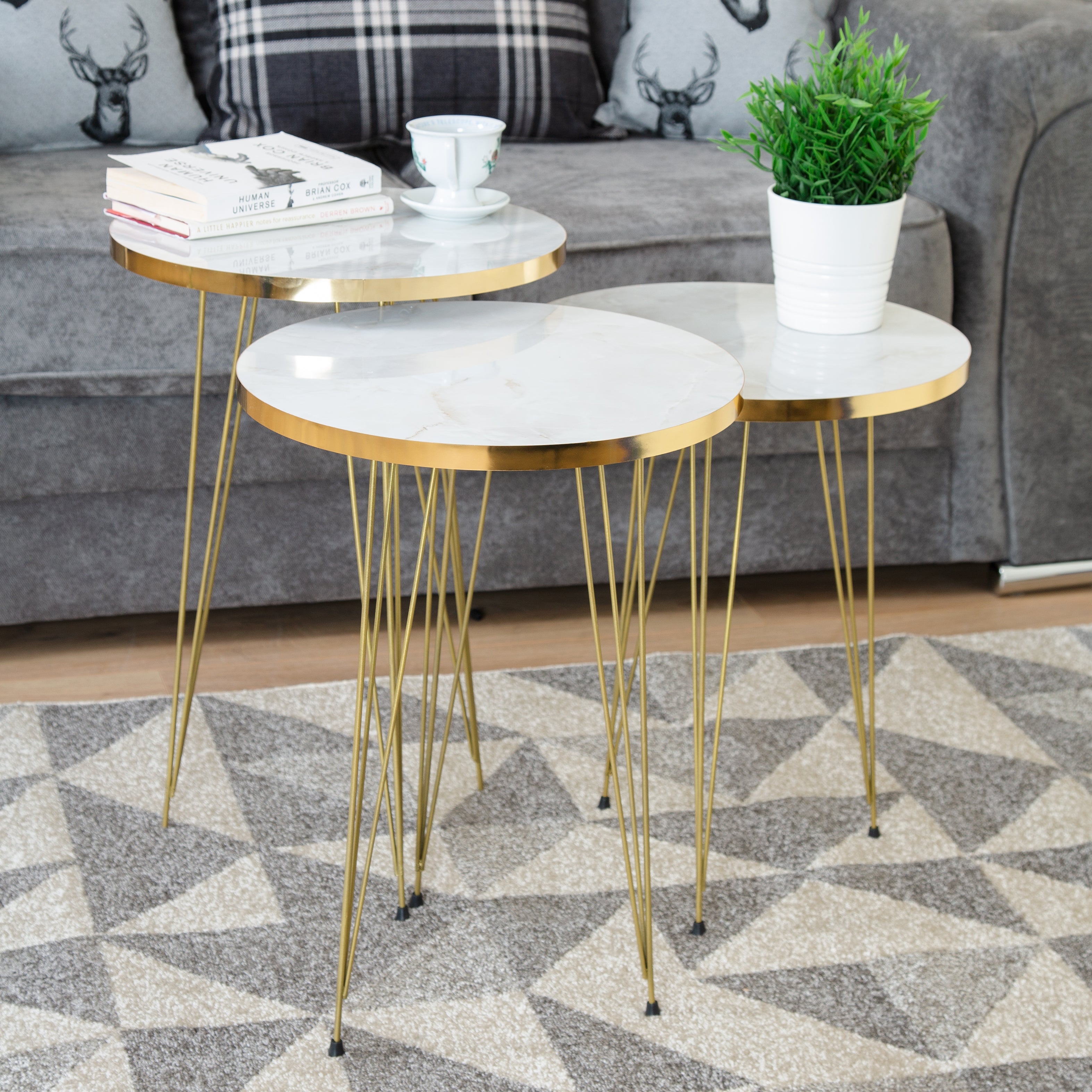Tigris Set of 3 Round Side Tables - White & Gold Marble