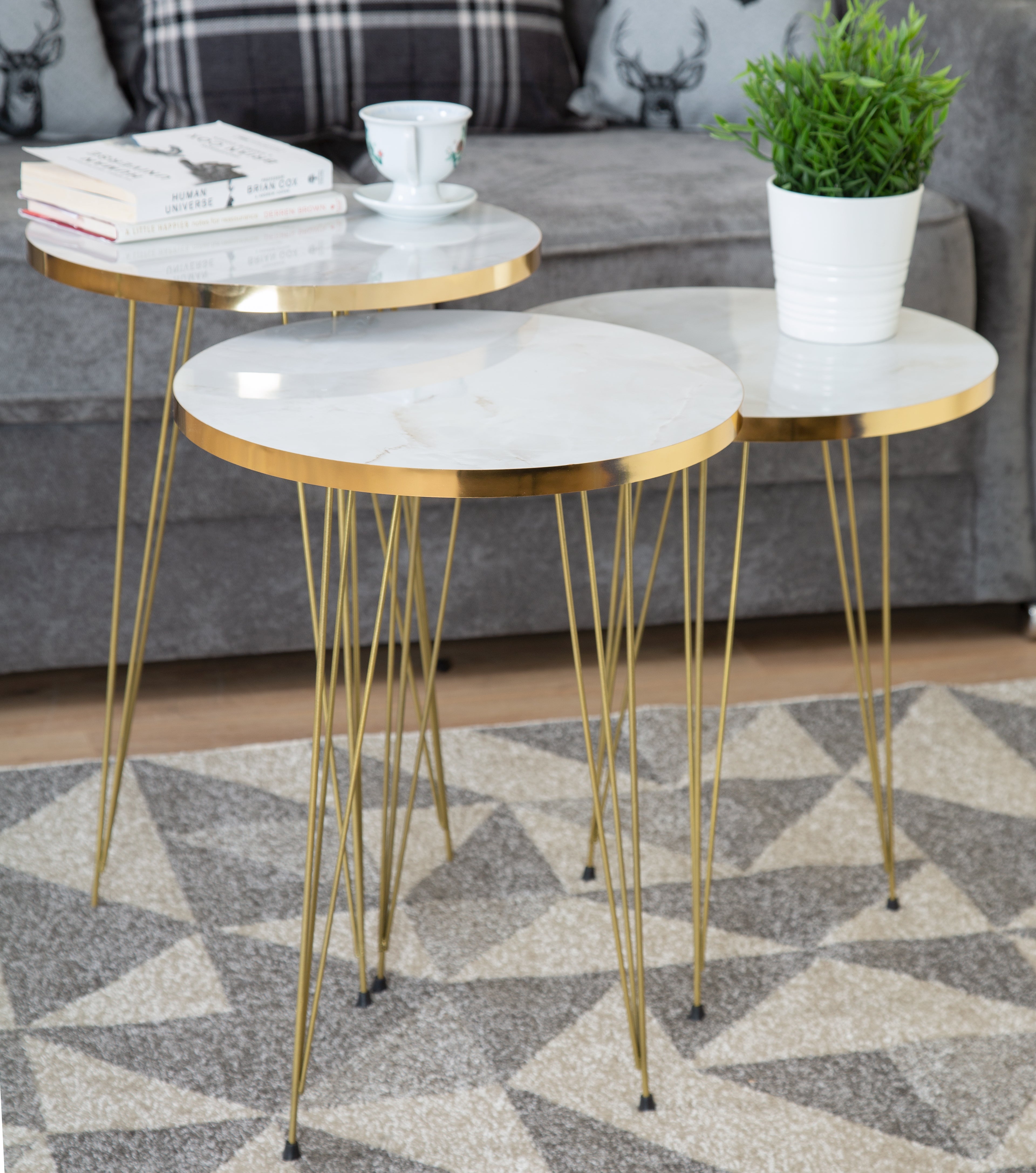 Tigris Set of 3 Round Side Tables - White & Gold Marble