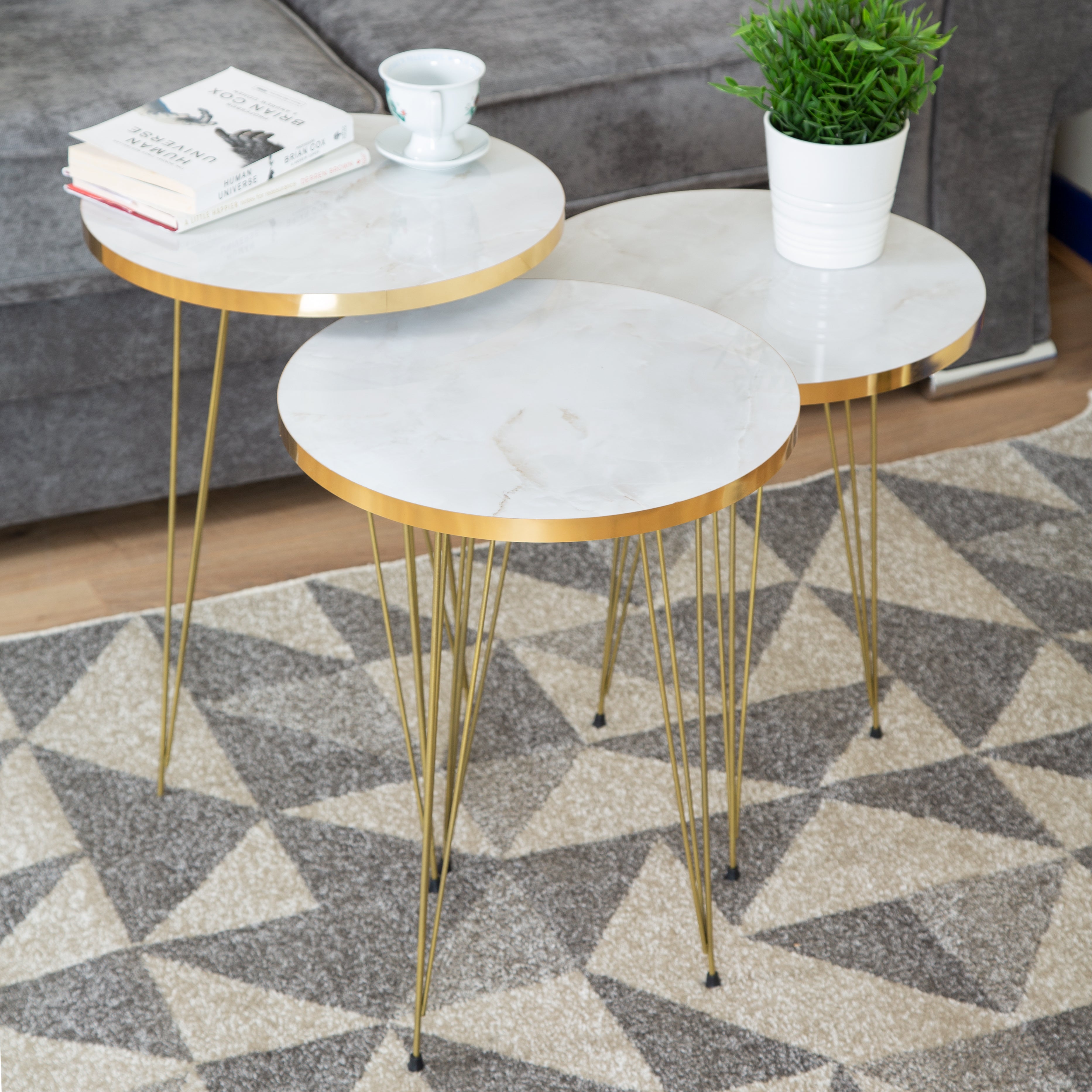 Tigris Set of 3 Round Side Tables - White & Gold Marble