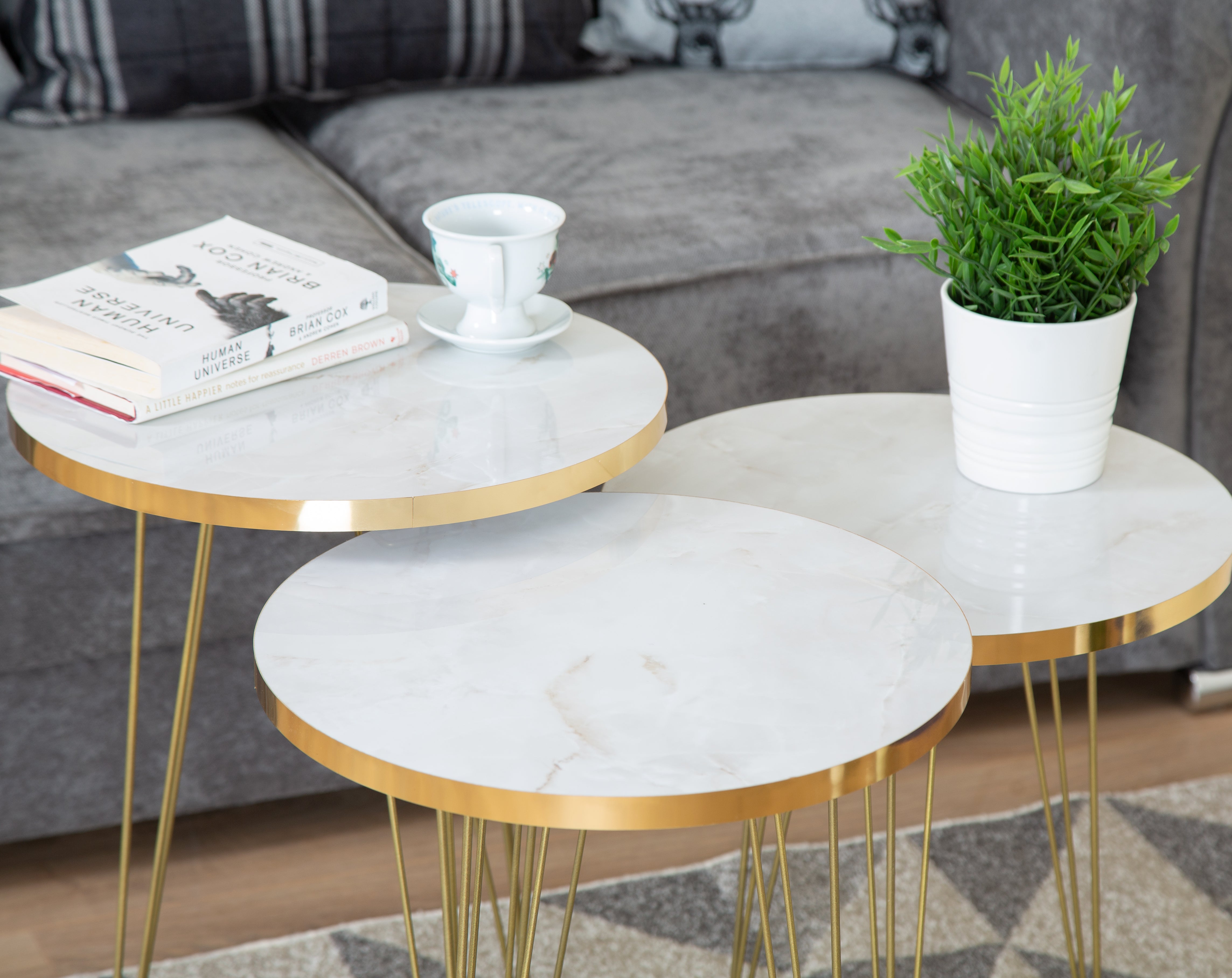 Tigris Set of 3 Round Side Tables - White & Gold Marble