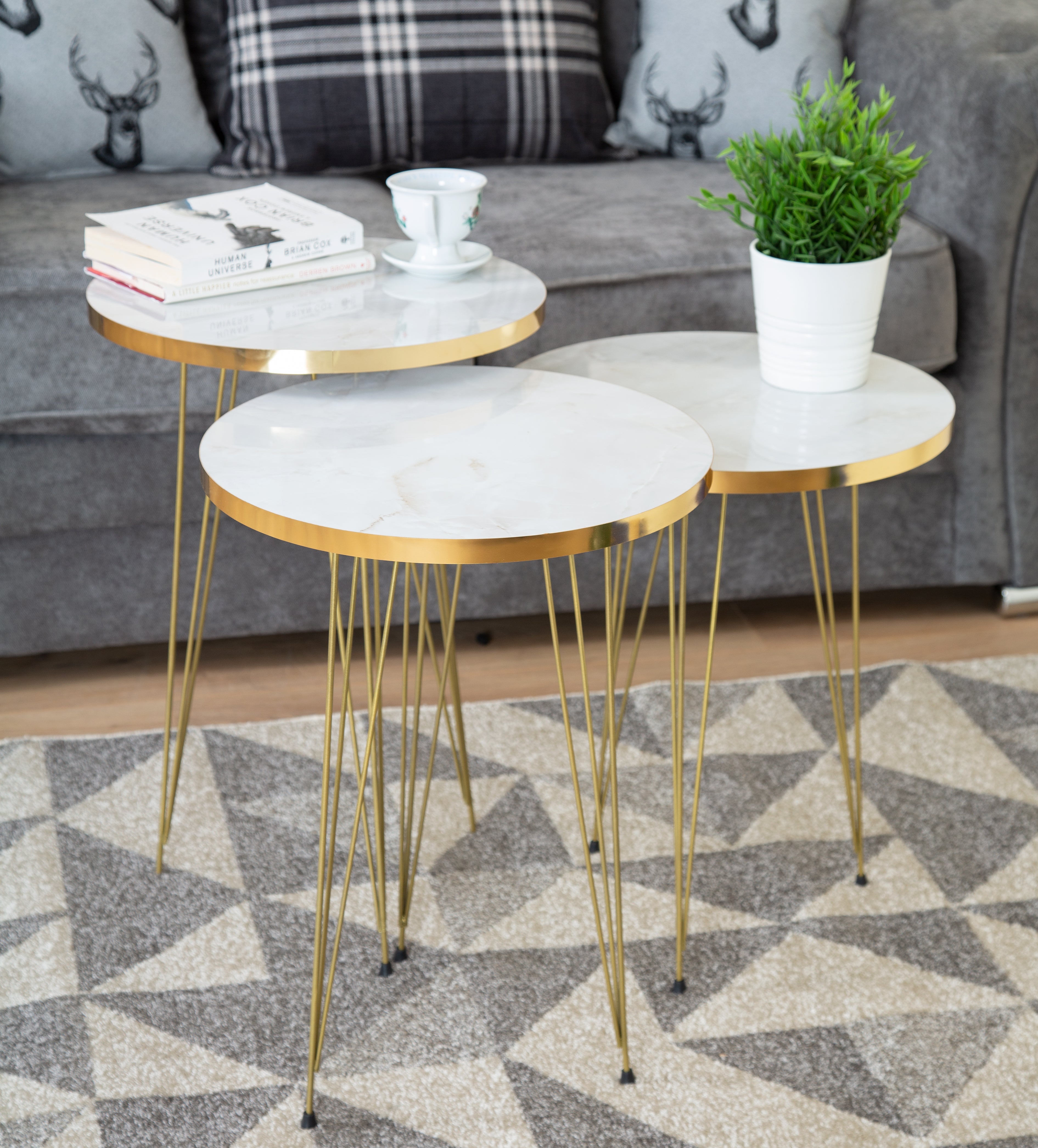 Tigris Set of 3 Round Side Tables - White & Gold Marble